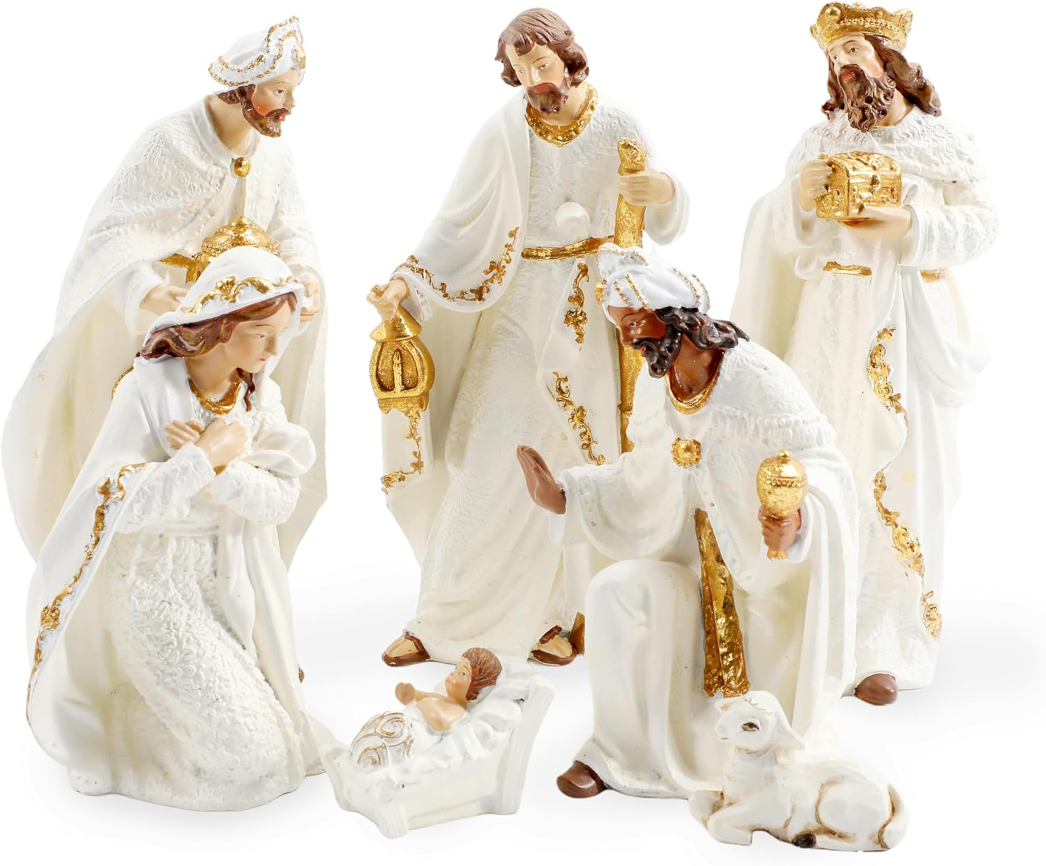 Fonder Mols Nativity Resin Sets Holy Family Statue for Christmas Tabletop Decoration Set of 7 Large