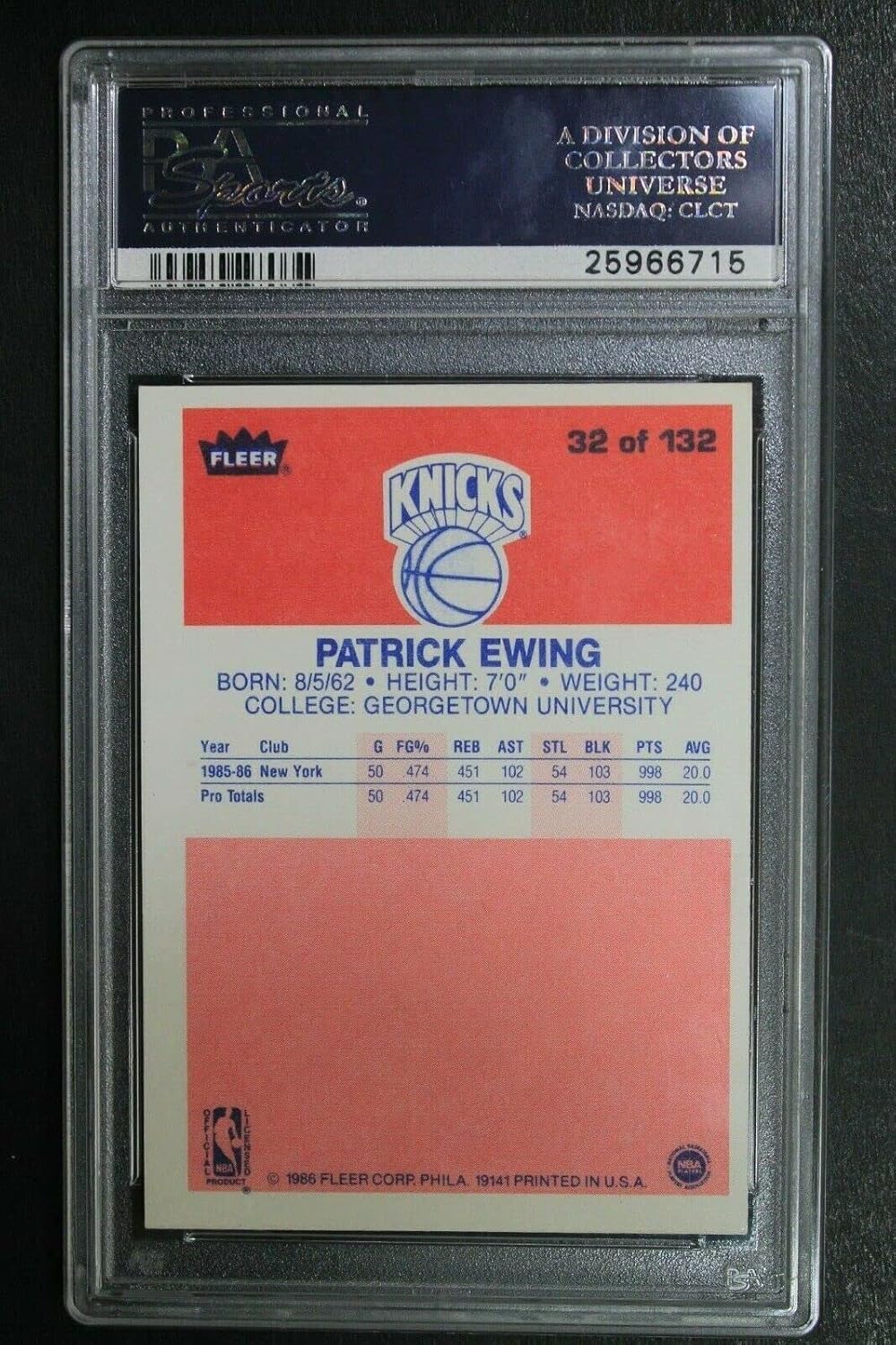 Patrick Ewing NY Knicks Signed 1986 Fleer #32 Autographed Basketball Card PSA