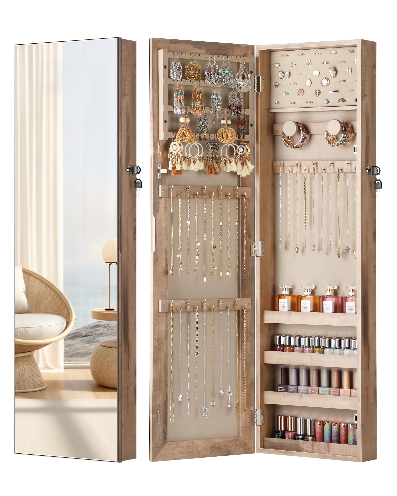 Nicetree Mirror Jewelry Cabinet, Jewelry Armoire with Full Length Mirror,Mirror with Jewelry Storage Wall/Door Mounted, Lockable Jewelry Armoire