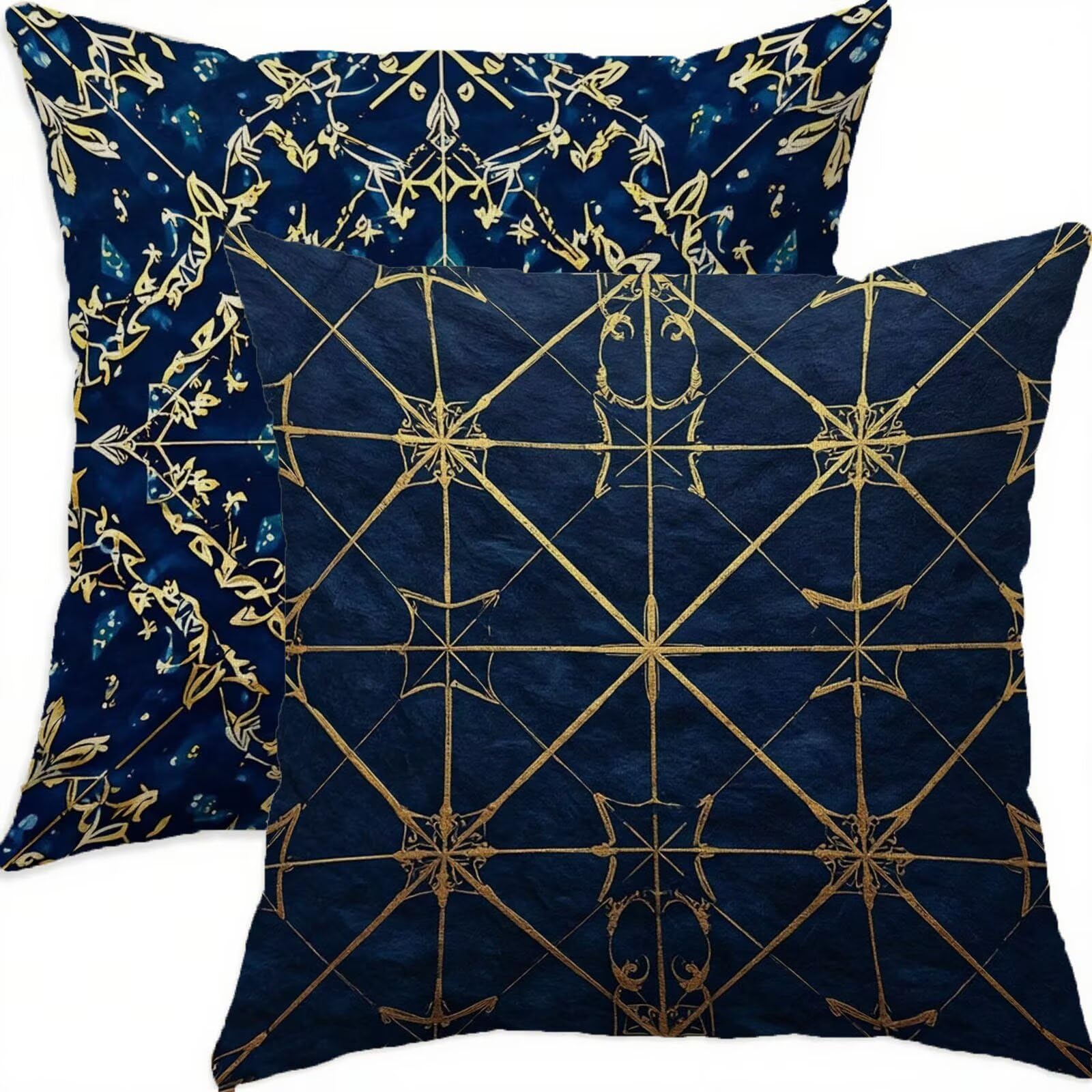 Housse coussin 70x70cm lot de 2 en lin premium bleu à motif géométrique chic