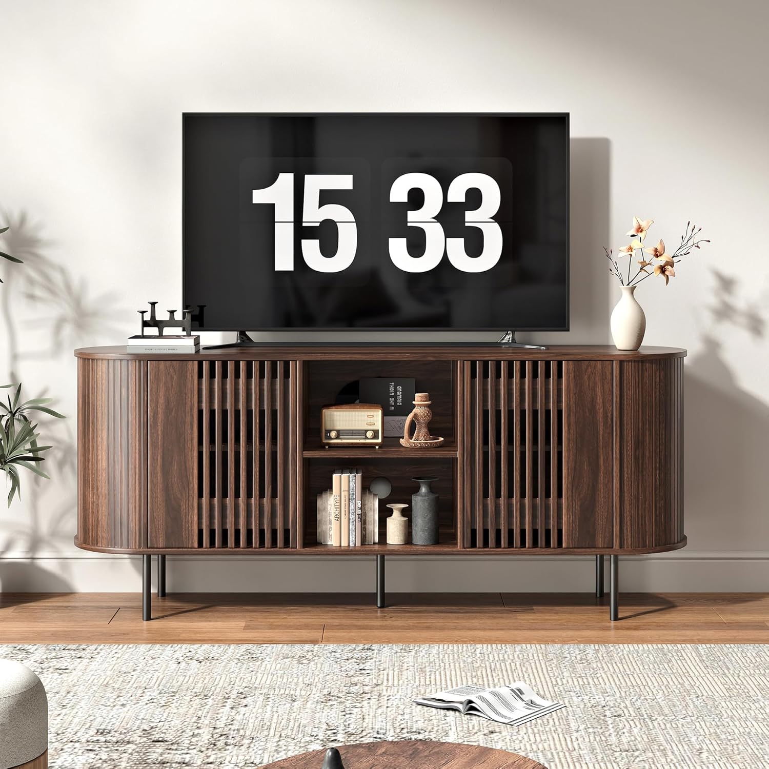 65 Inch TV Stand for TVs Up to 75", Mid Century Modern Entertainment Center TV Console with Adjustable Shelves, Curved Profile Design, Media Console for Living Room, Dark Brown