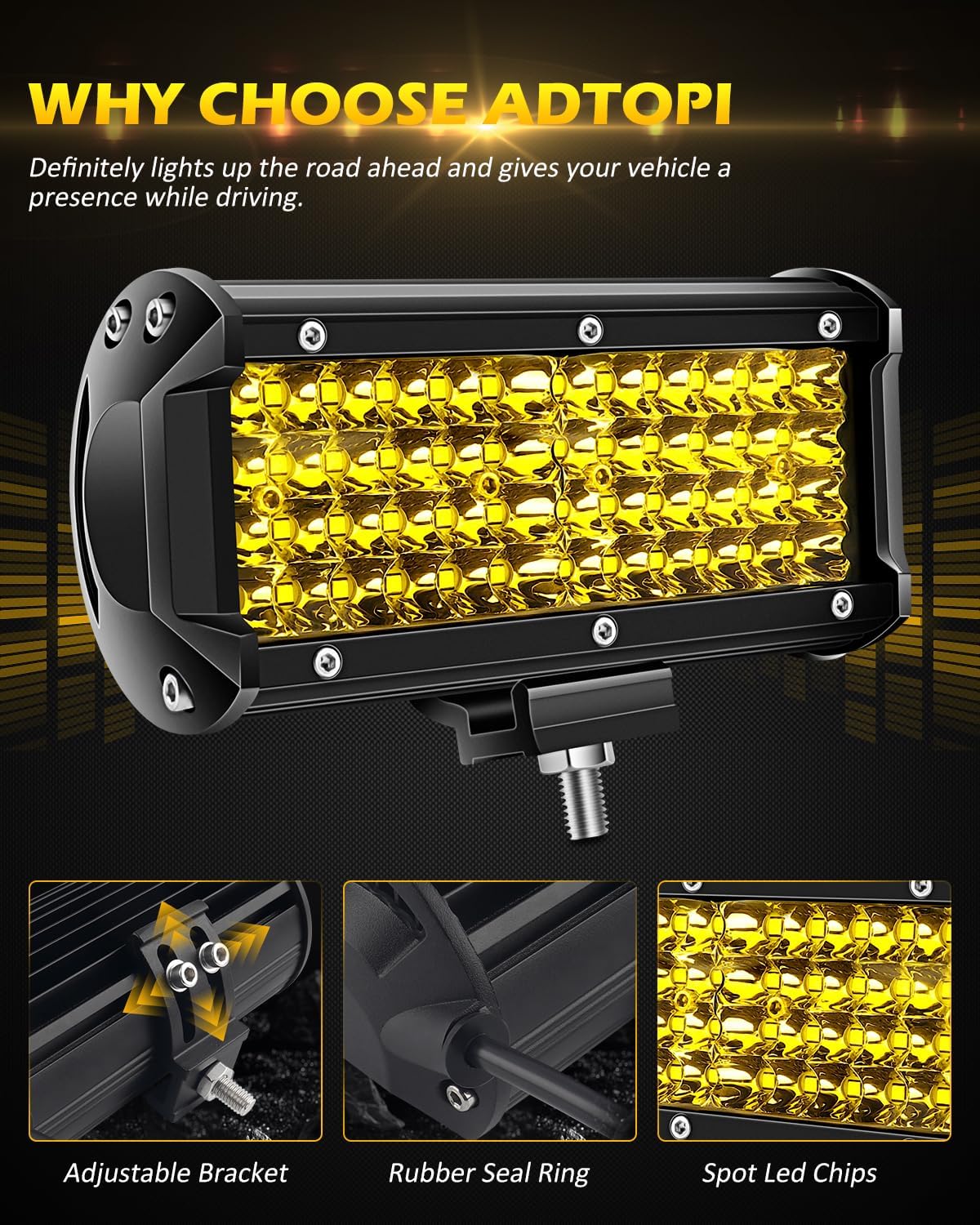 Amber Fog Lights, 7 Inch 2PCS Yellow Led Light Bar Spot Beam 11,520 LM Quad Row Led Pod Lamps Compatible with Jeep Trucks ATV UTV SUV Boat Marine