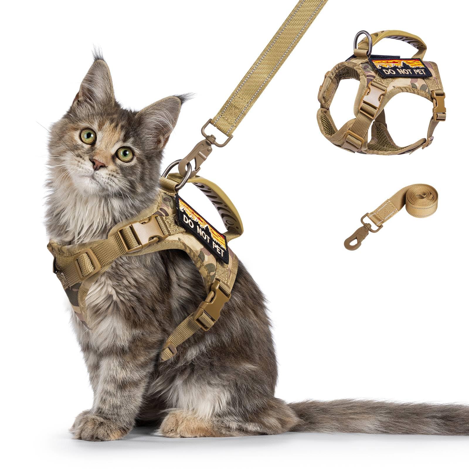 nanappice Tactical Cat Harness and Leash for Walking Esacpe Proof,Adjustable Soft Mesh Large Cat Vest with Rubber Handle Easy to Control,Molle Patches