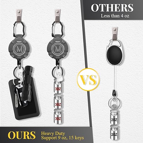 Vista 5 de Paquete de 2 carretes retráctiles resistentes para llavero con tarjetas de identificación, portacarnet retráctil con mosquetón con cable de acero