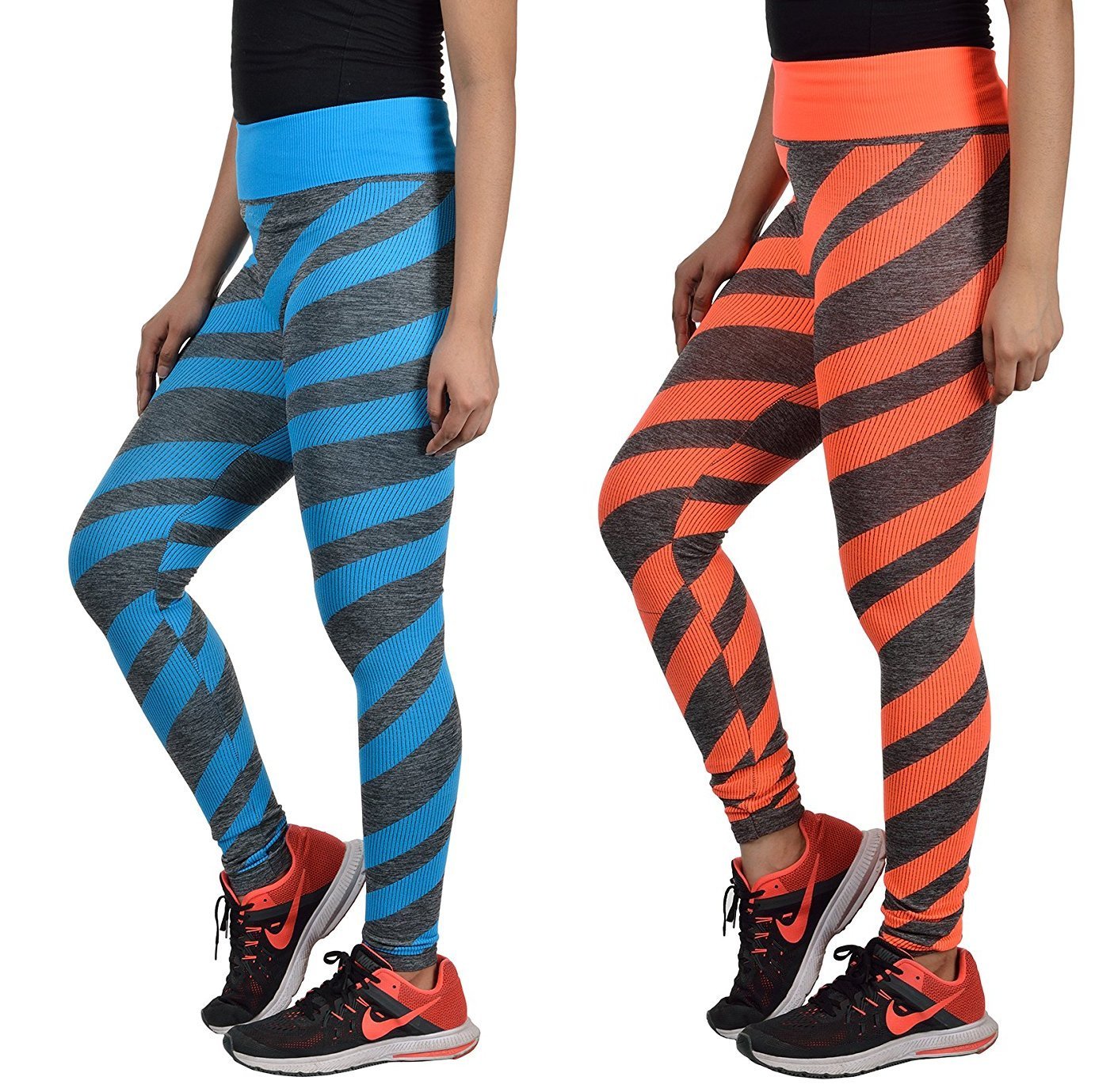 golazo Girl's Stretchable High Waist Compression Yoga Fitness Tummy Tuck Sports and Gym Running Pant/Leggings for Womens Free Size fits 28 to 36 Waist Combo of 2 Leggings 102-ORANGE-BLUE-picture-54