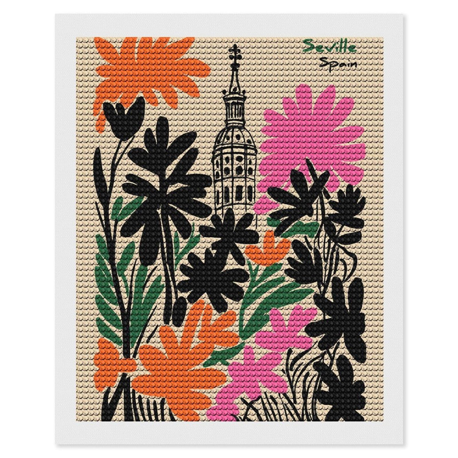 Junmoney Seville Spain Floral Illustration Full Drill Diamond Painting Kit 16"x20", for Teens, Adhesive Canvas, Bedroom Decor, Holiday Gift Idea
