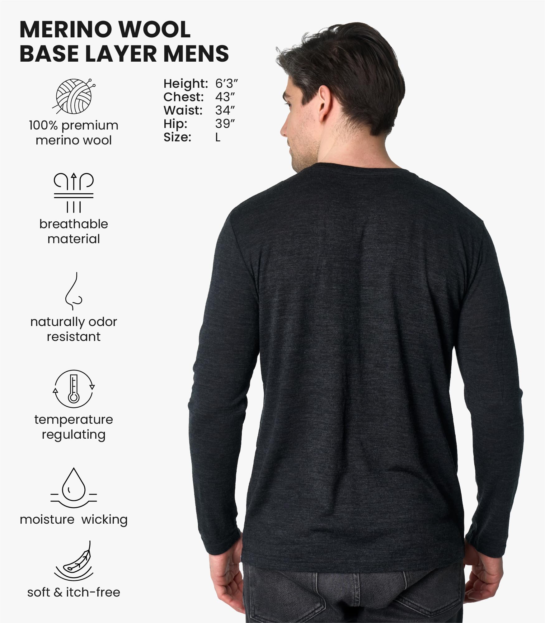 Merino Wool Base Layer Mens - 100% Merino Wool Shirts for Men Thermal Underwear Long Sleeve T-Shirt for Hiking Hunting