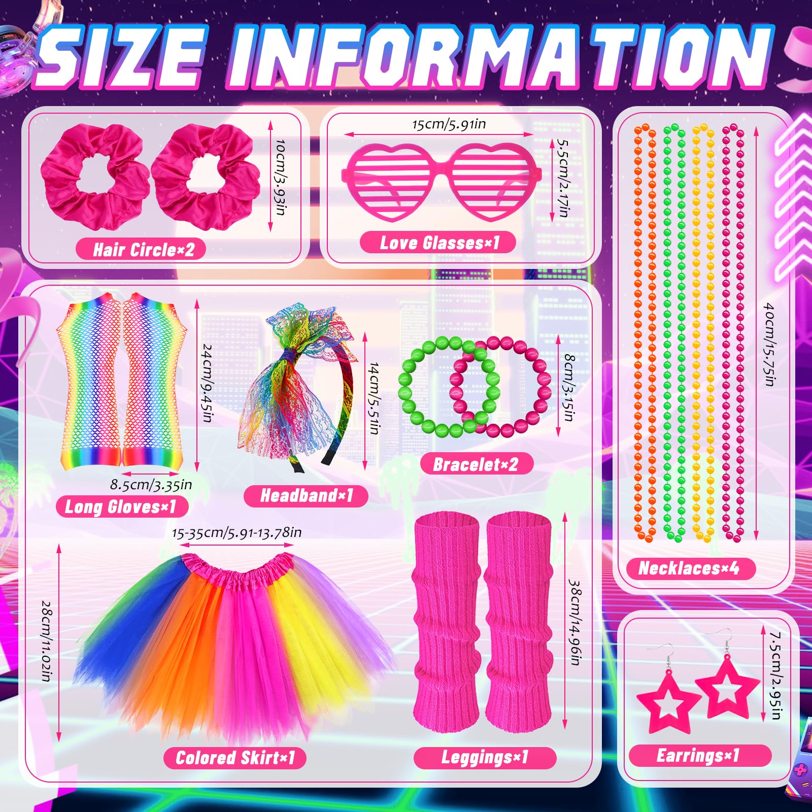 80s Costume Accessories Set for Girls 21Pcs 1980s Fancy Dress Outfit with Tutu Skirt Fishnet Gloves Leg Warmers Bow Headband Necklace Bracelets Glasses for Kids 1980s Theme Party (color - Image 2