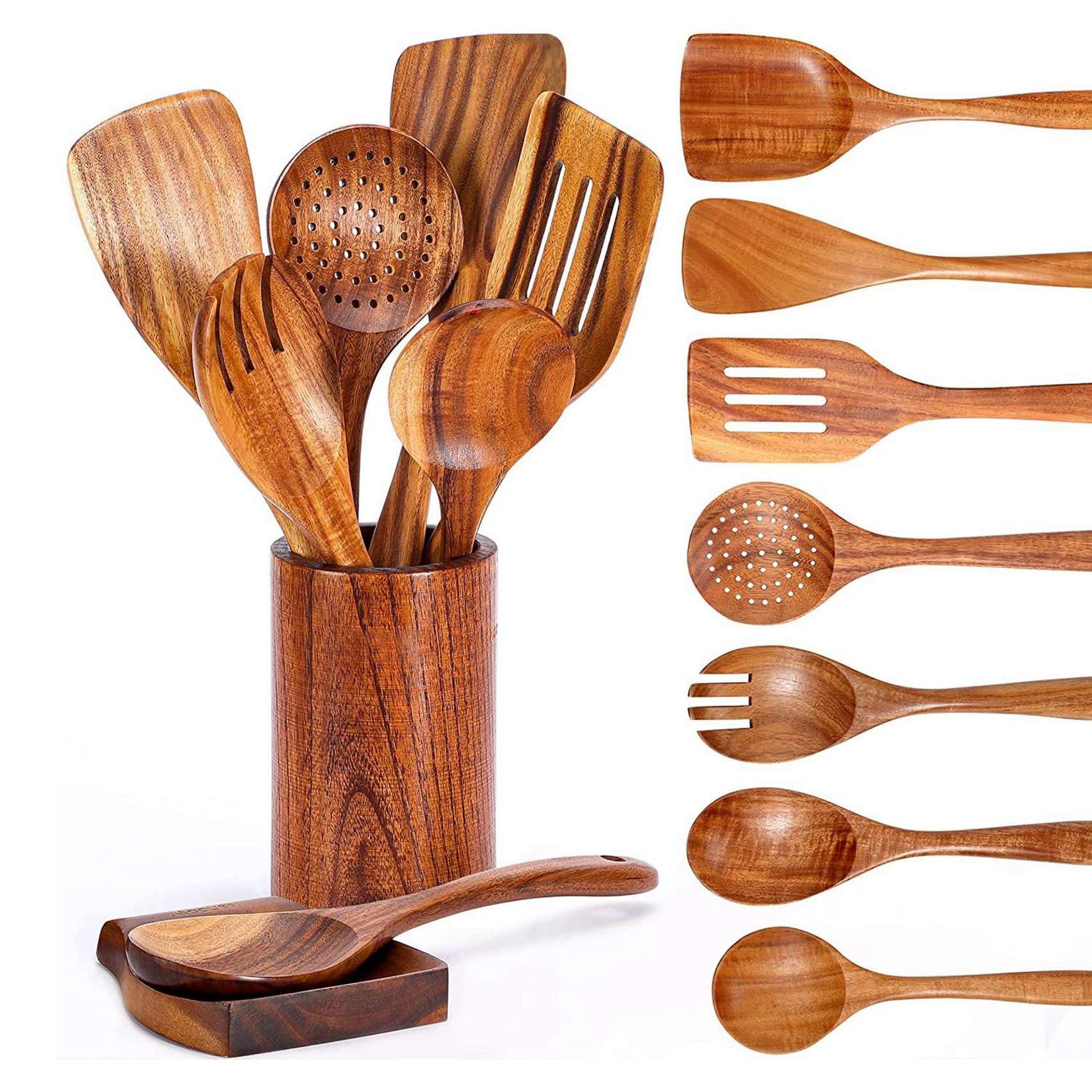 36 Cucharas de Madera para Cocinar, Utensilios de Madera para Cocinar con Soporte para Utensilios, Juego de Utensilios de Cocina de Madera de Teca