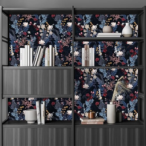 Miniatura 5 de VEELIKE Papel tapiz botánico negro para despegar y pegar, papel tapiz floral negro para dormitorio, baño, papel tapiz de 17.7 x 118 pulgadas, papel