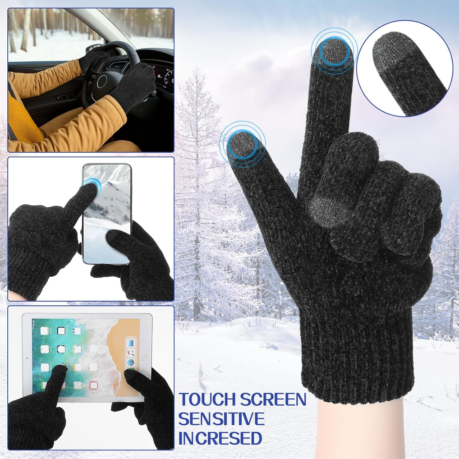 2 Pairs Chenille Winter Gloves with Touch Screen Fingers for Women Chenille Warm Fleece Lined Knit Thermal Gloves Elastic Cuff for Cold Weather Texting Winter Gifts - Image 4