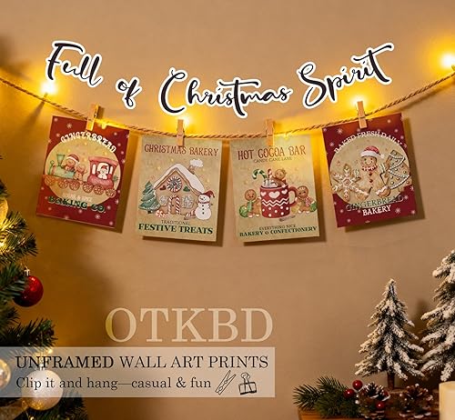 Miniatura 3 de OTKBD Juego de 4 impresiones artísticas de pared de pan de jengibre navideño, decoración de panadería navideña, hombre de jengibre retro, decoración
