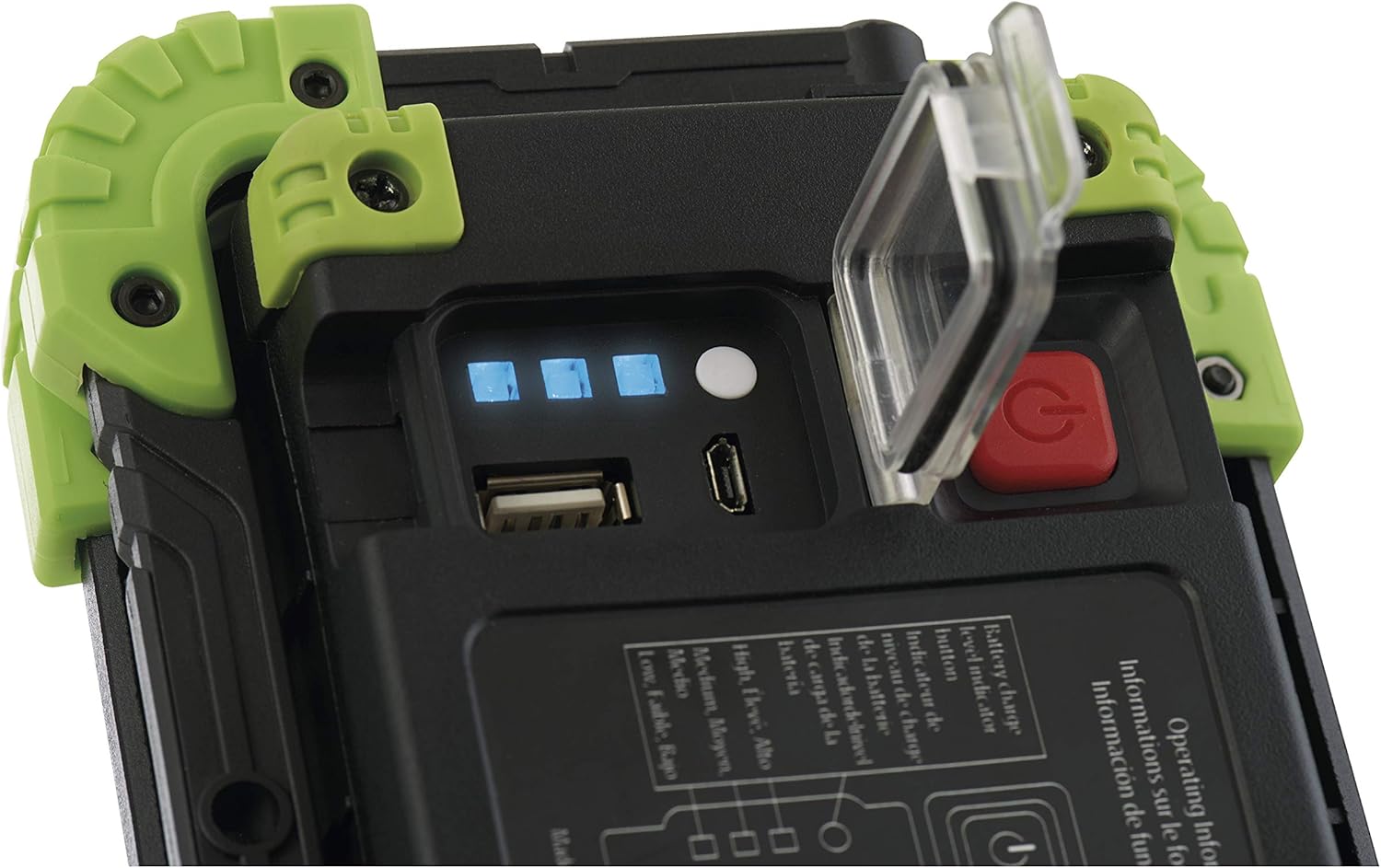 Close-up of EMOS P4533 charging ports and battery indicators
