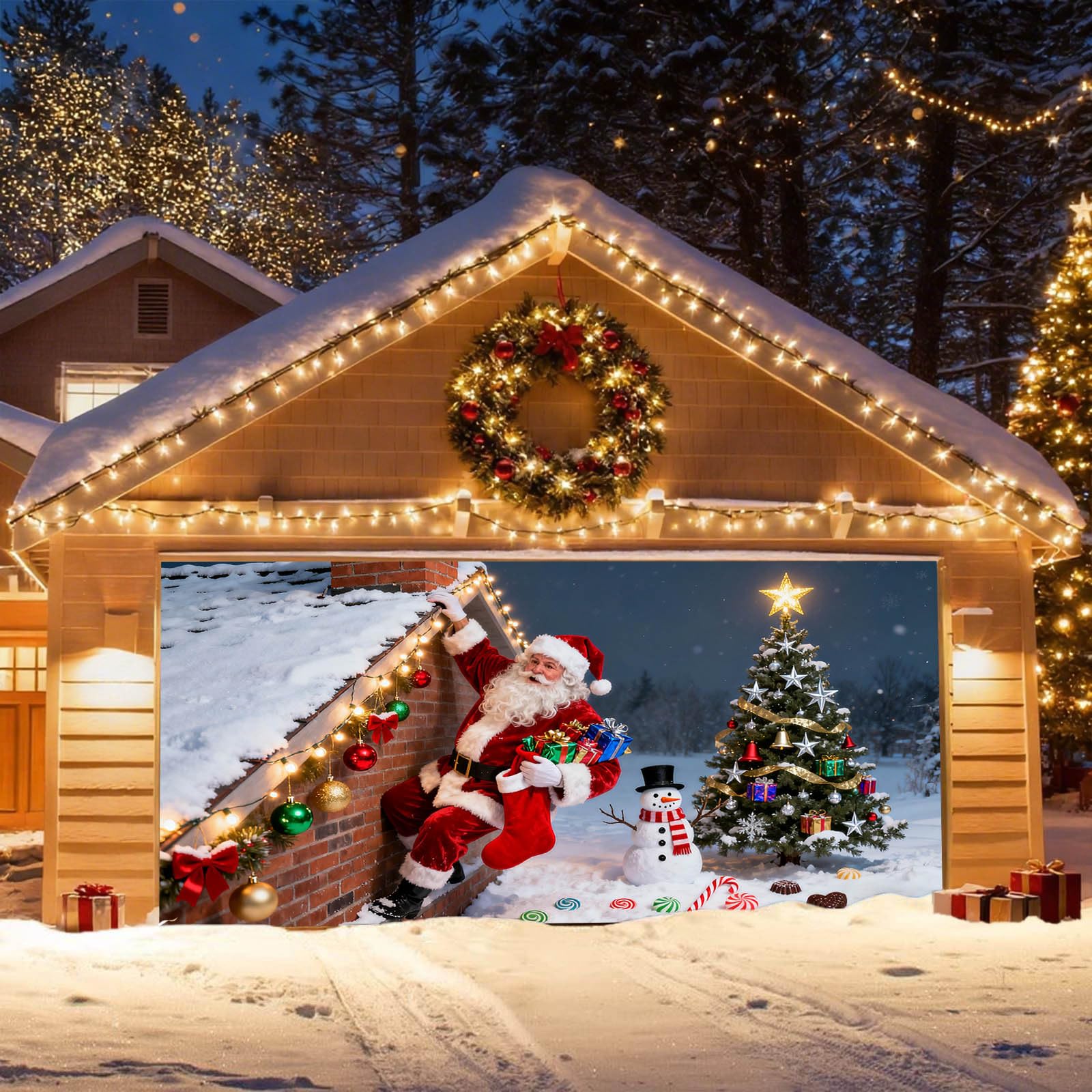Banner Christ Mas Garage Door Garage Banner Santa Snowman Christmas Festive Outdoor Hanging Sign Winter Holiday Party Large Background Mural Suitable for Home Outdoor Indoor Party Wall