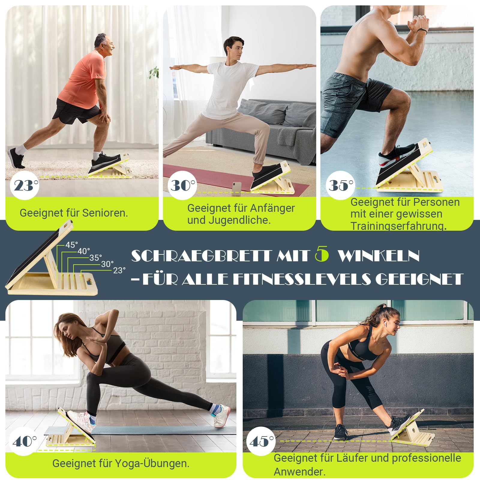 Wadendehner Schrägbrett aus Holz, Slant Board mit 5 Winkeln und Trainingsposter, Verstellbar Wadenstrecker mit Tragegriff, Mobility Board für Wadenstreckung