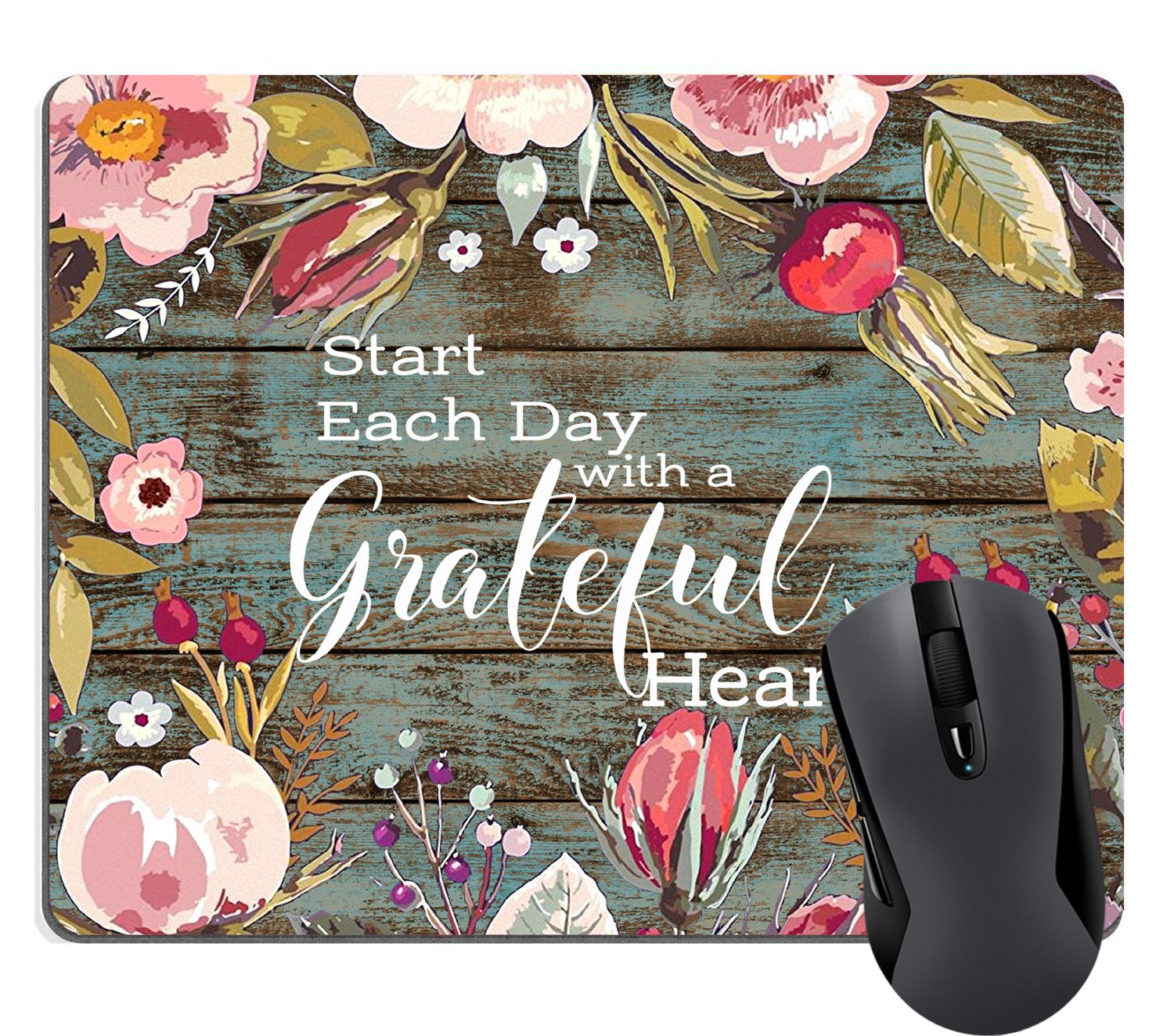 Wknoon Inspirational Quotes Rectangle Mouse Pad, Start Each Day with A Grateful Heart Vintage Floral Rustic Old Wood Art Mouse Pads Mat