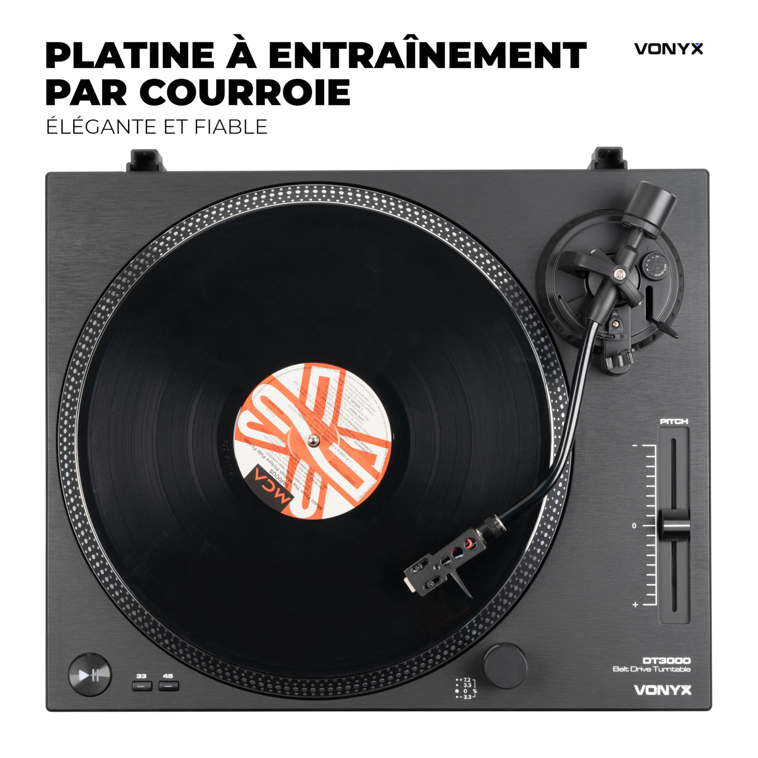 Vonyx DT3000 Platine Vinyle DJ à Courroie avec Cellule Audio-Technica, Tourne Disque 33/45 Tours pour DJ Débutant et Écoute
