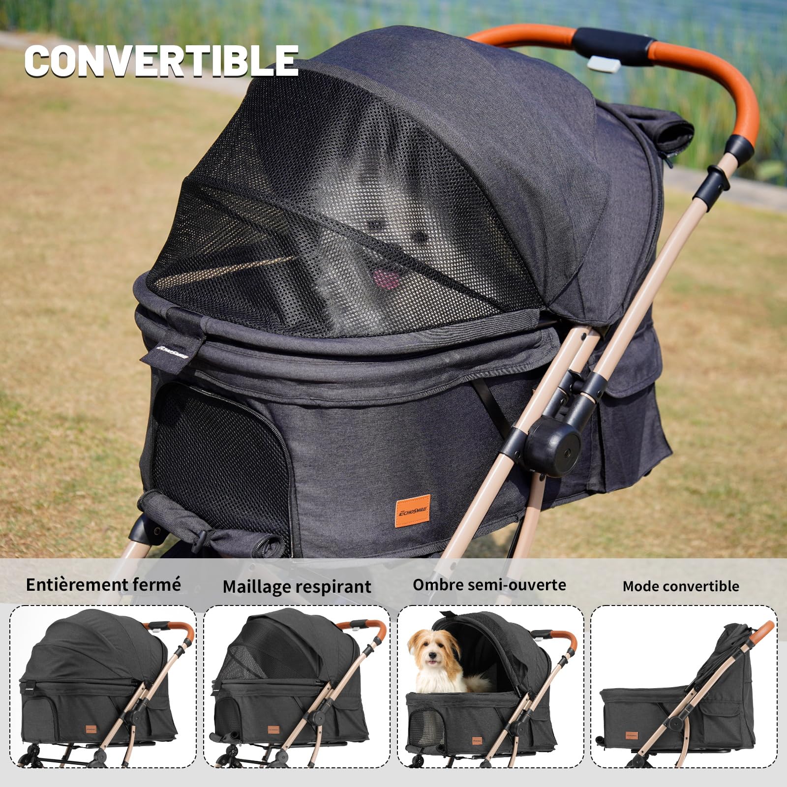 EchoSmile Poussette Pour Chien Pliable en un Bouton, Poussette Chien 20kg Tout Terrain avec Poignée Réversible, Absorption Des chocs et Coussinet Amovible Lavable (Noir)