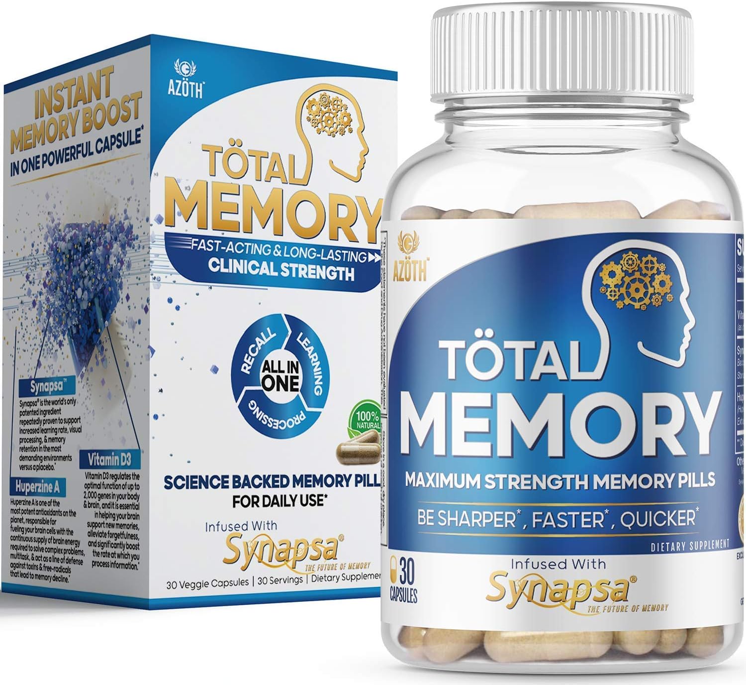 AZOTH Total Memory Supplement for Brain - Extra Strength Memory Pills to Boost Recall, Cognition, Focus, Mental Clarity - Improve Brain Health, Brain Fog, Memory Loss - Synapsa, Huperzine & Vitamin D3