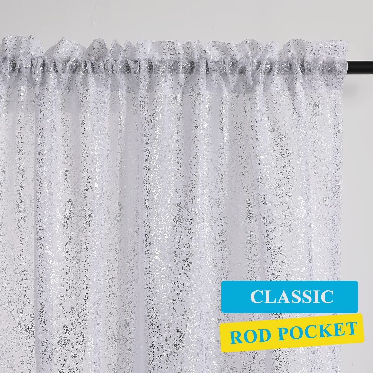 TERLYTEX Tende velate bianche argentate, lunghezza 274 cm, in lamina argentata metallizzata, con glitter, tende trasparenti per soggiorno, con tasca per asta, 132 x 274 cm, 2 pannelli, bianco argento