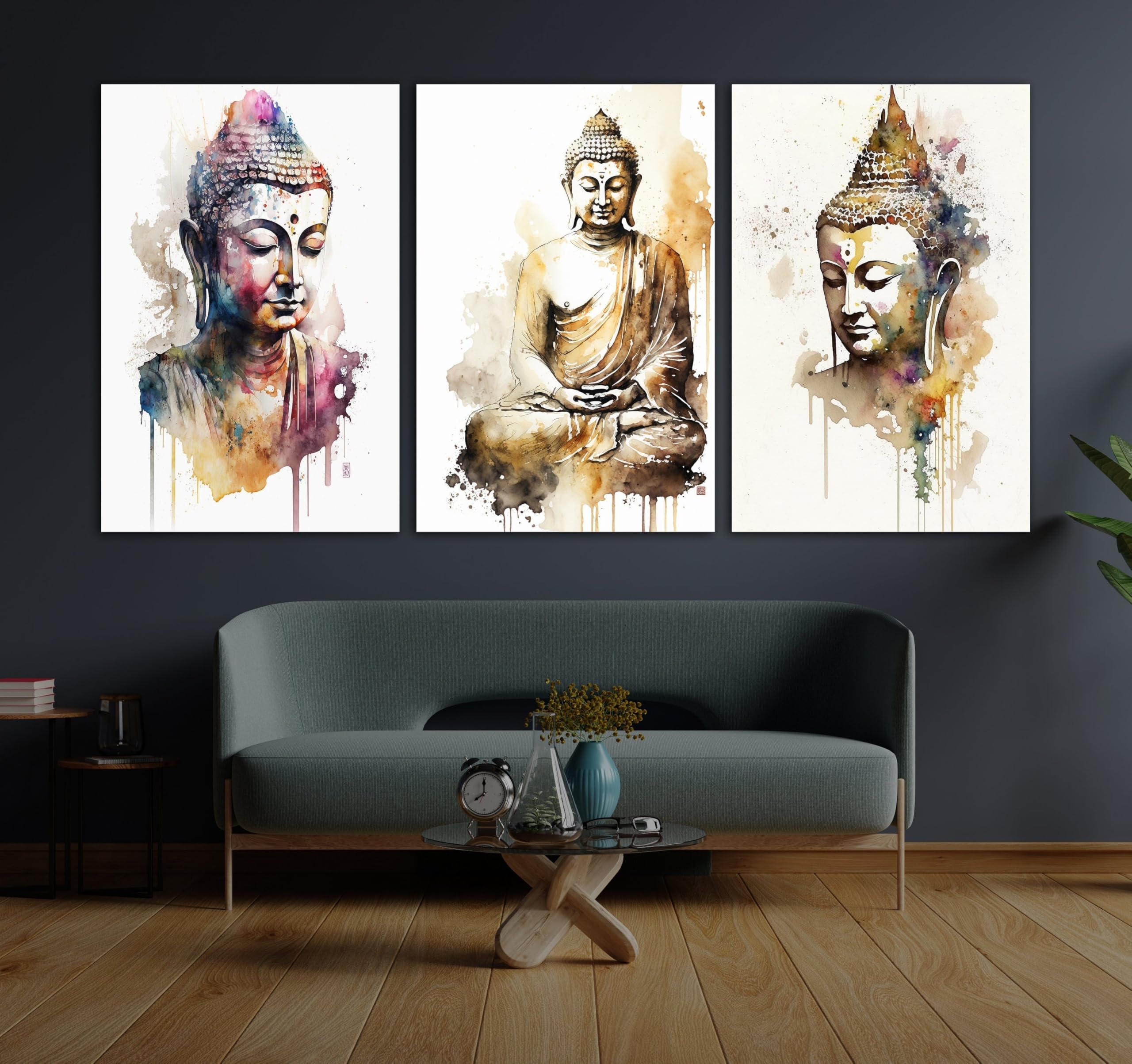 TONGYINLI Buddha Print Canvas Wall Art, Watercolor Buddha Canvas Oil Painting, Abstract portrait Poster, Meditation Artwork(80x120cmx3/Frameless)