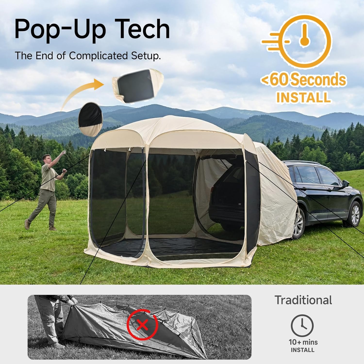 Alvantor 5 Person Pop Up SUV Tent,2 in 1 Car Tent & Camping Tent,Mosquito Screen Multi-functiona for Car SUV Van Camping,Includes Heavy Duty Tarp & Storage Bag,Quick Setup,Waterproof