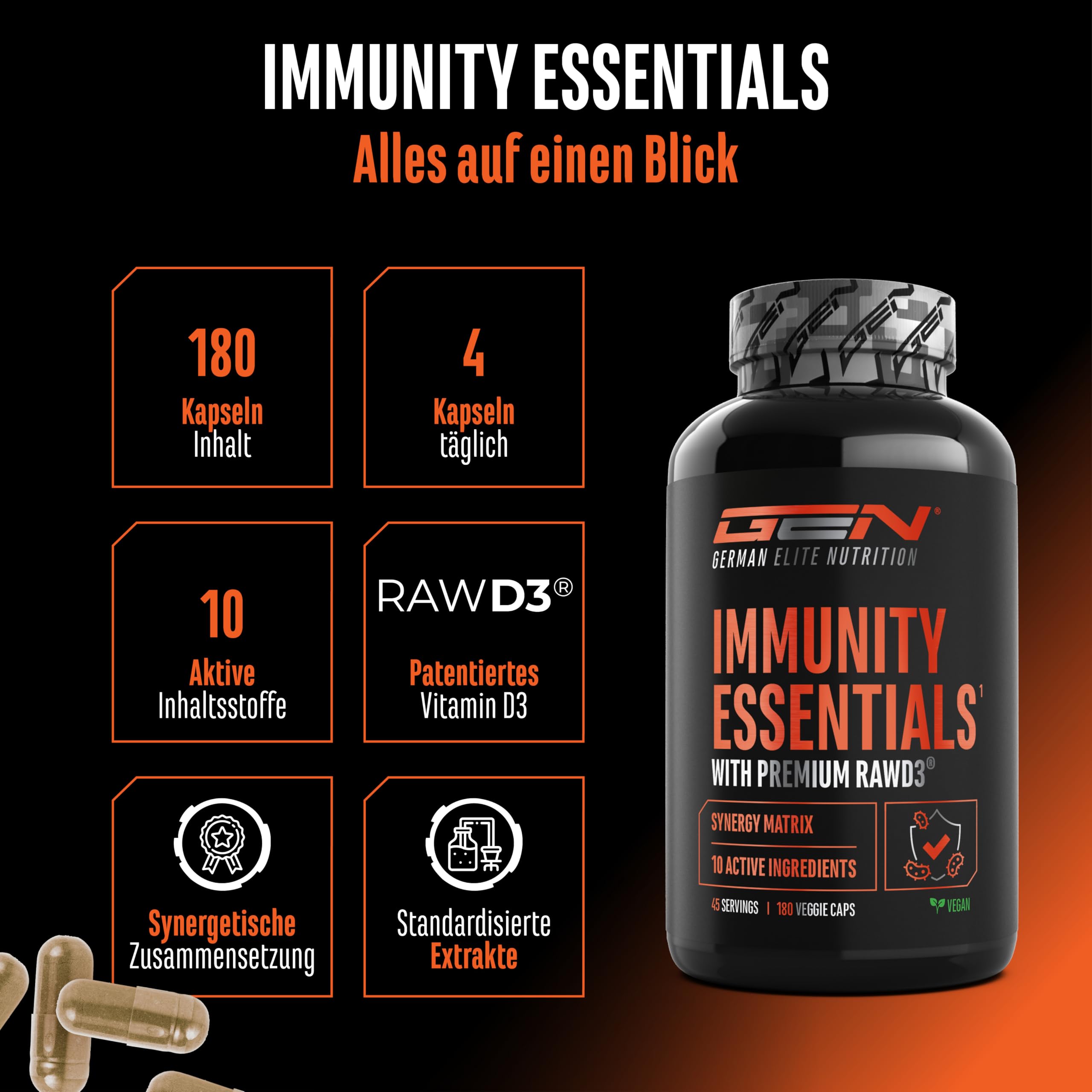 Immunity Essentials Komplex - 180 Kapseln mit Beta Glucan, Vitamin C, D3 (RAWD3®), Zink, Quercetin Echinacea Holunder & Pflanzenextrakten - hochdosiert, vegan