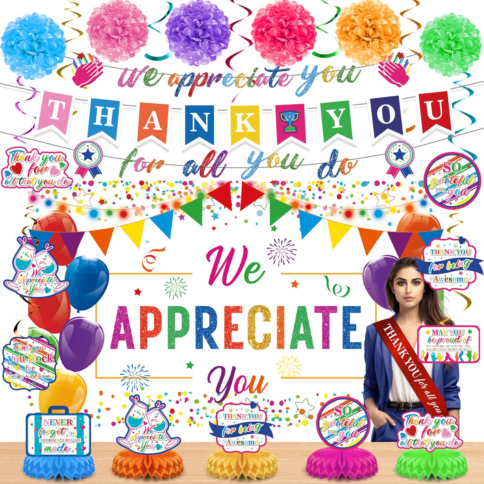 We Appreciate You Decorations Colorful Thank You for All You Do Banner Honeycomb Centerpieces Hanging Swirls for Employee Appreciation Gifts Pastor Teacher Doctor Labor Day Retirement Party Decor