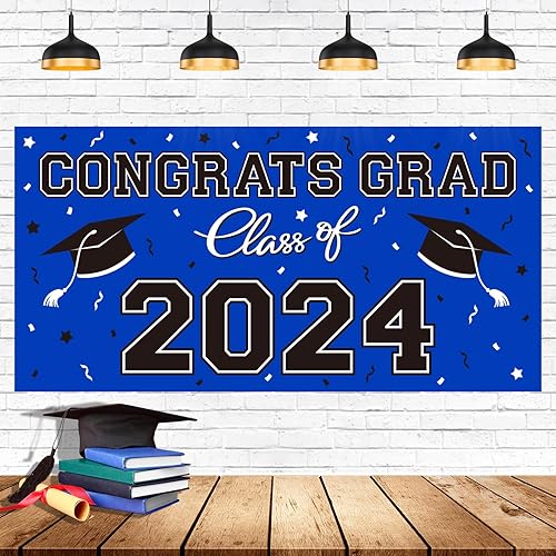 Telón de fondo de plástico para fiesta de graduación 2024, 65 x 32.7 pulgadas, pancarta de felicitaciones graduadas en azul, decoraciones de clase