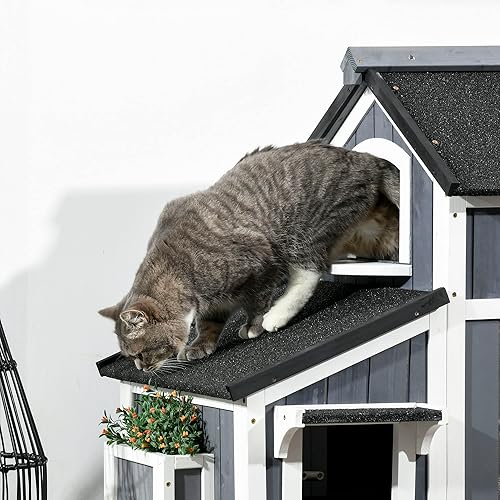 Miniatura 9 de PawHut Casa para gatos al aire libre con maceta casa para gatos de 2 pisos con techo resistente a la intemperie refugio de madera para gatos con