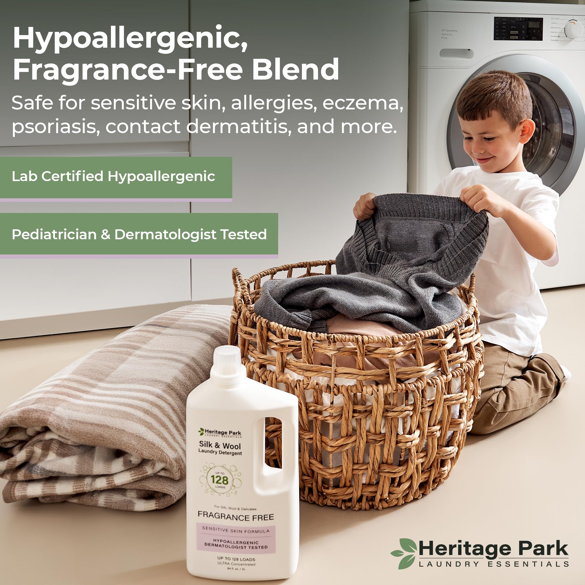 Heritage Park - Detergente para ropa sin fragancia de seda y lana, hipoalergénico, pH neutro, probado por dermatólogos, agradable al tacto, sin enzimas, concentrado hasta 128 cargas (64 fl oz)