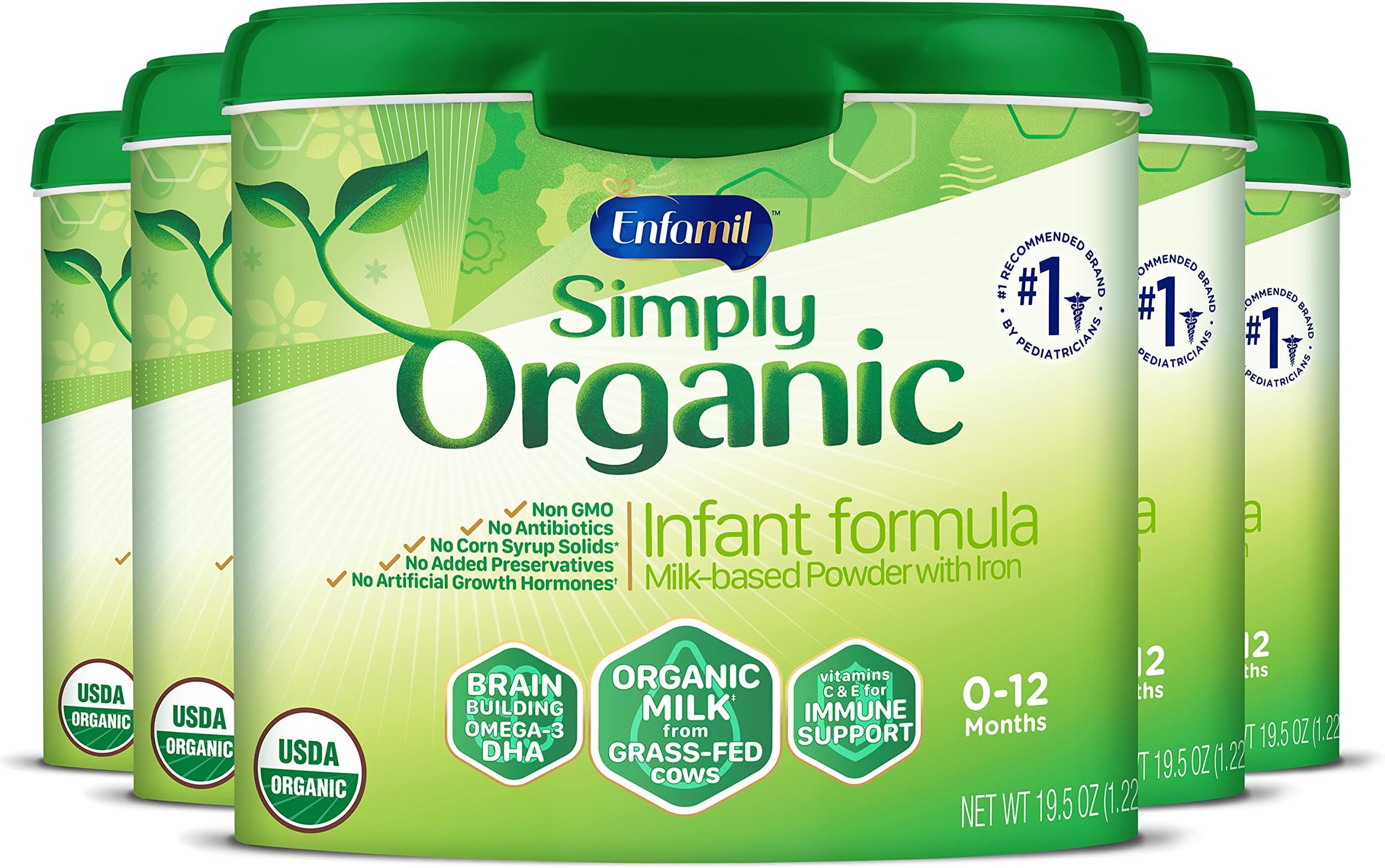 Organic Baby Formula, Simply Organic by Enfamil, Organic Milk from Grass-Fed Cows, Milk-Based Powder with Iron, Non-GMO, Powder Tub, 19.5 Oz, Pack of 5