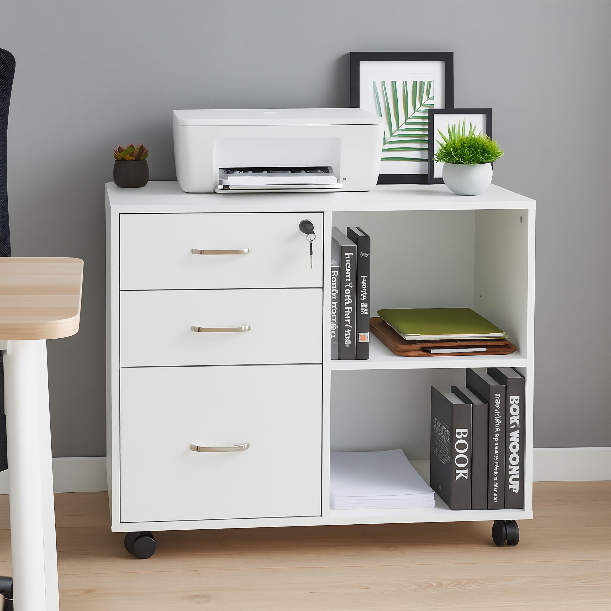 Relaxdays Mueble Archivador, 3 Cajones, 2 Compartimentos, 66x80x40 cm, 4 Ruedas Cajonera Oficina, con Llave, Blanco