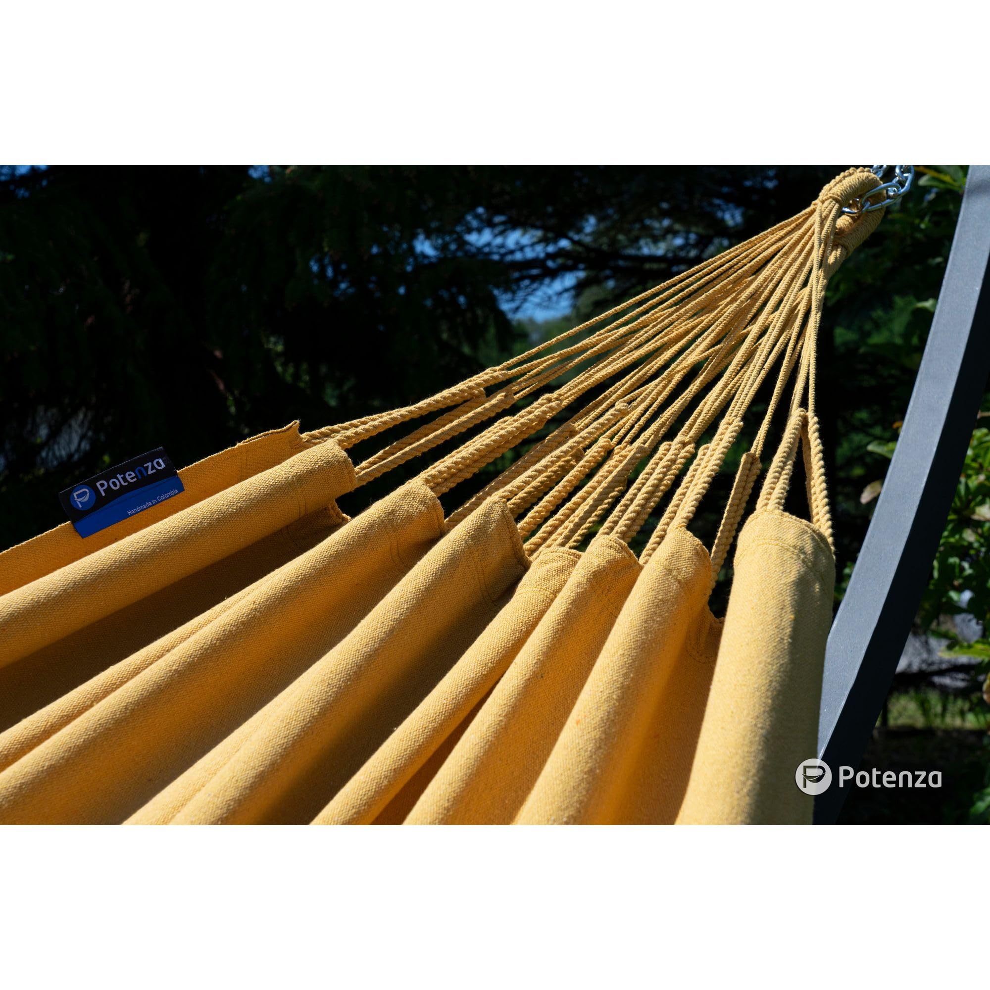 Potenza Amaca da Giardino con Supporto in Acciaio ZINCATO A CALDO – Amaca Doppia 230x160 cm, 220 kg in 100% Cotone con Struttura lunga 365 cm, Portata 220 kg, con Telaio Resistente alle Intemperie