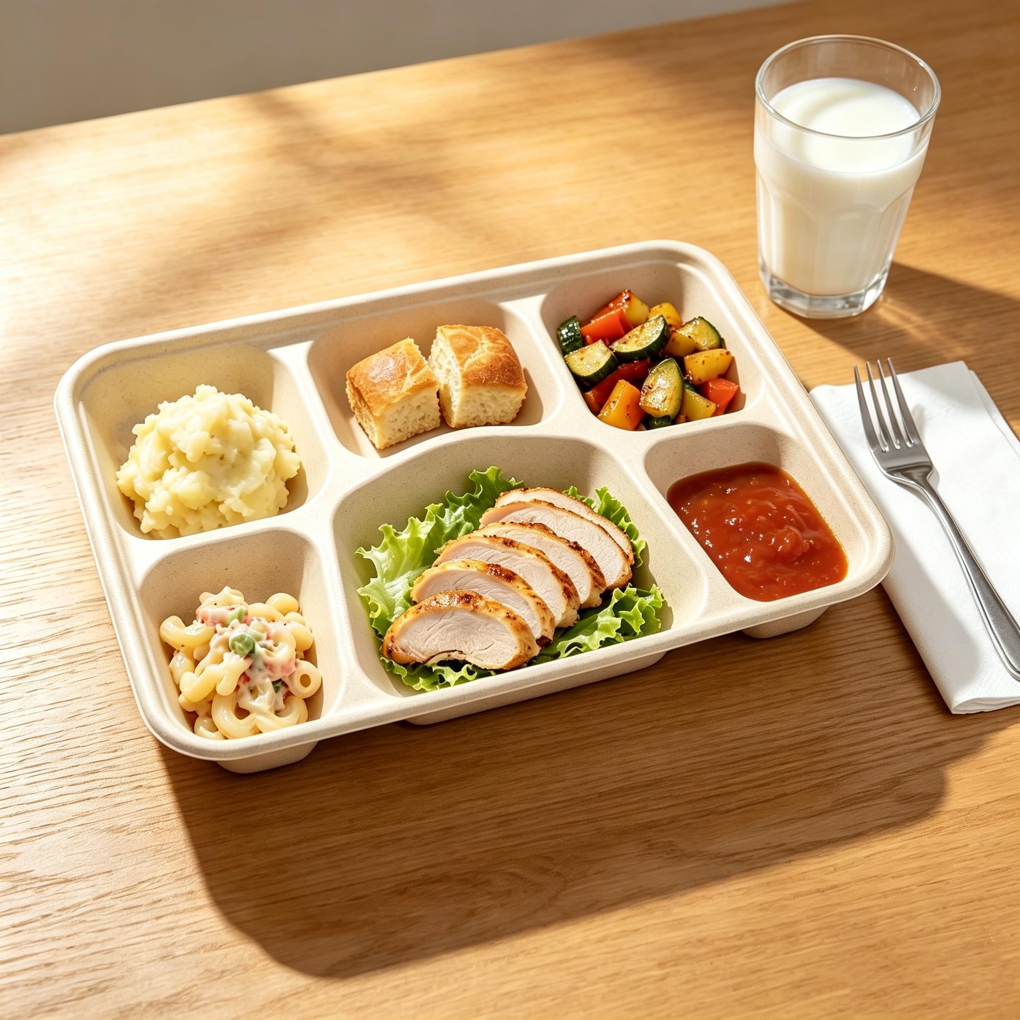 Peohud 50 Stück Einweg Papierteller mit 6 Fächern,Umweltfreundliches Zuckerrohr Bagasse Einwegteller Lunch-Tablett,Hochbelastbare Zuckerrohrplatten, mikrowellengeeignet