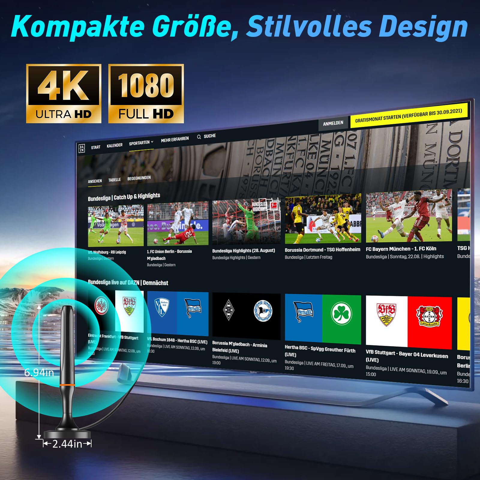 Antenna DVBT2, antenna DVB-T/DVB-T2, antenna ad asta più forte per TV digitale/digitale TV/DAB Radio/DVB-T2 Tuner Stick, massima qualità del segnale – con base magnetica cavo da 3 m