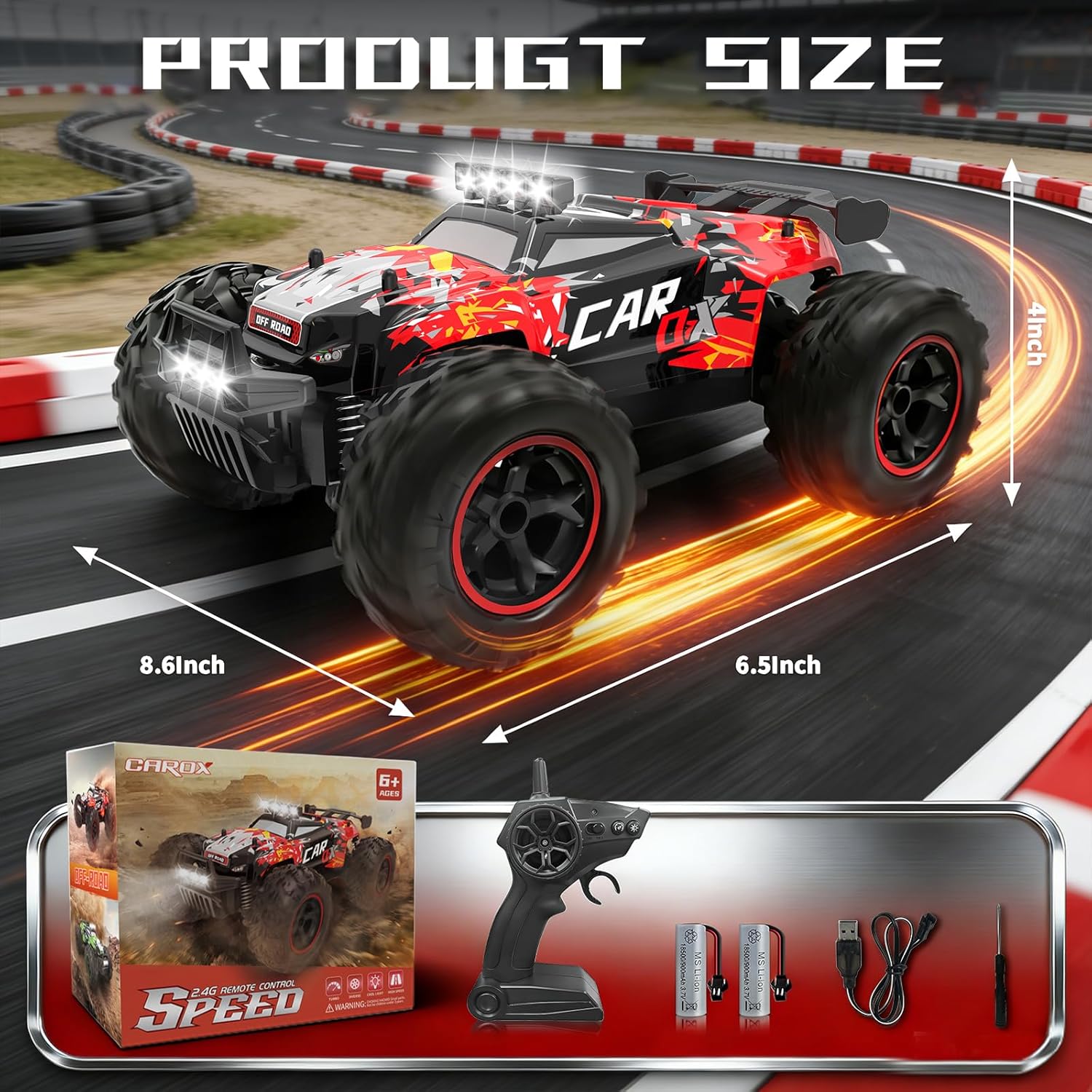 Carox Remote Control Car, 2.4GHz 26KM/H High Speed RC Car, 1:18 Off-Road Monster Truck with LED Lights, Proportional Throttle & 1800mAh Rechargeable Batteries – Ideal Gift for Boys 6+ (RED)