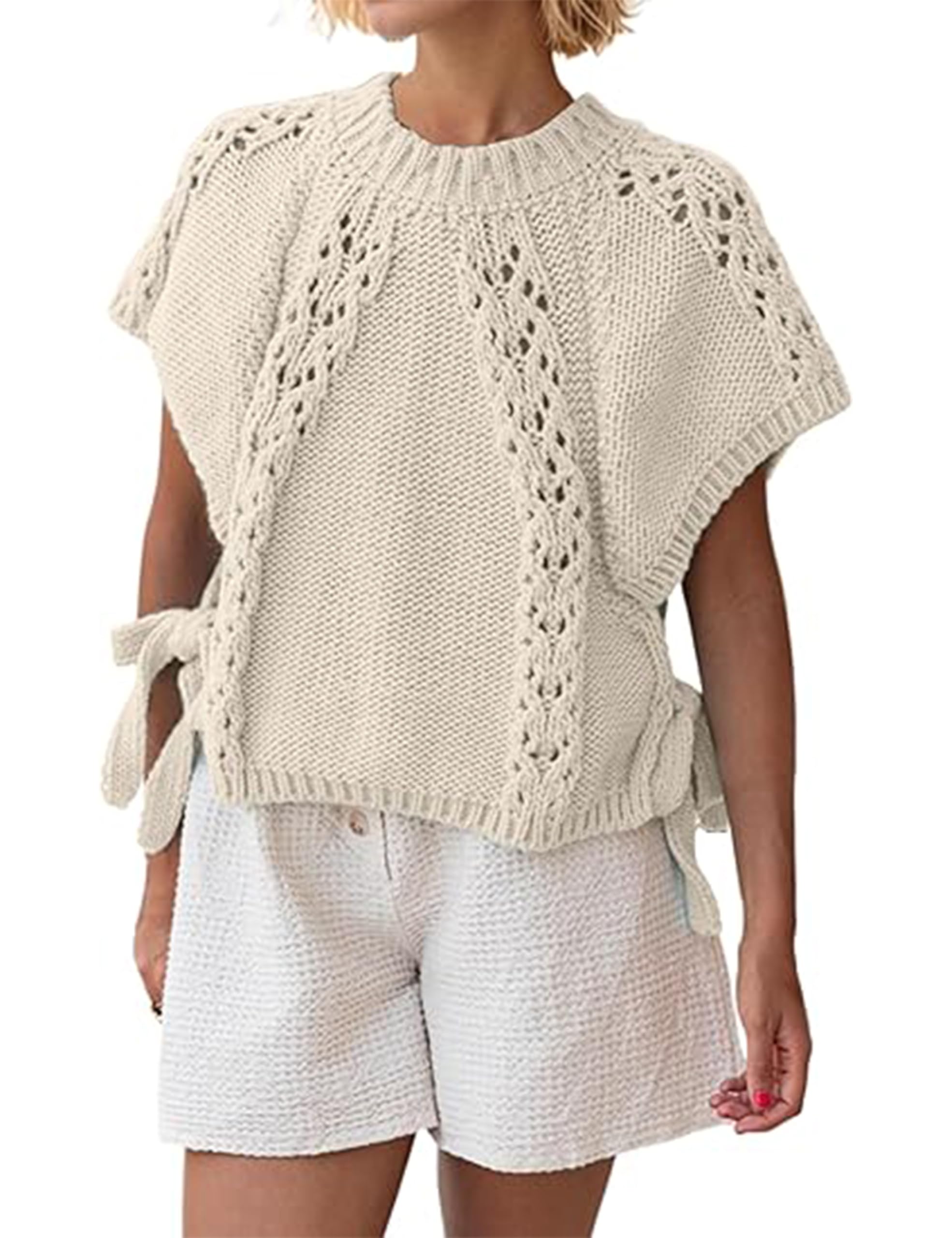 Knitted Tops Short Sleeve Sweater for Women Lace Up Crew Neck Crochet Tops Hollow Out Pullover Sleeve Sweater