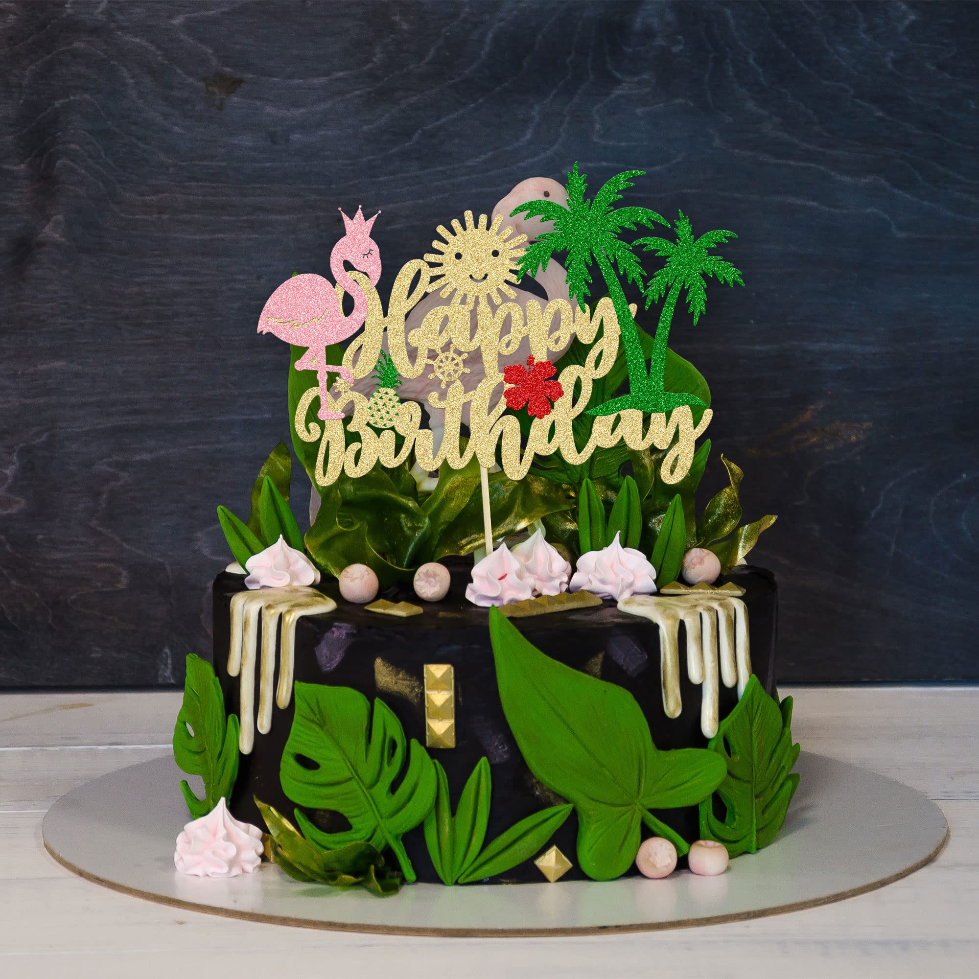Happy Birthday Cake Topper – Tropisch Mit Flamingo, Palme, Ananas, Glitzer