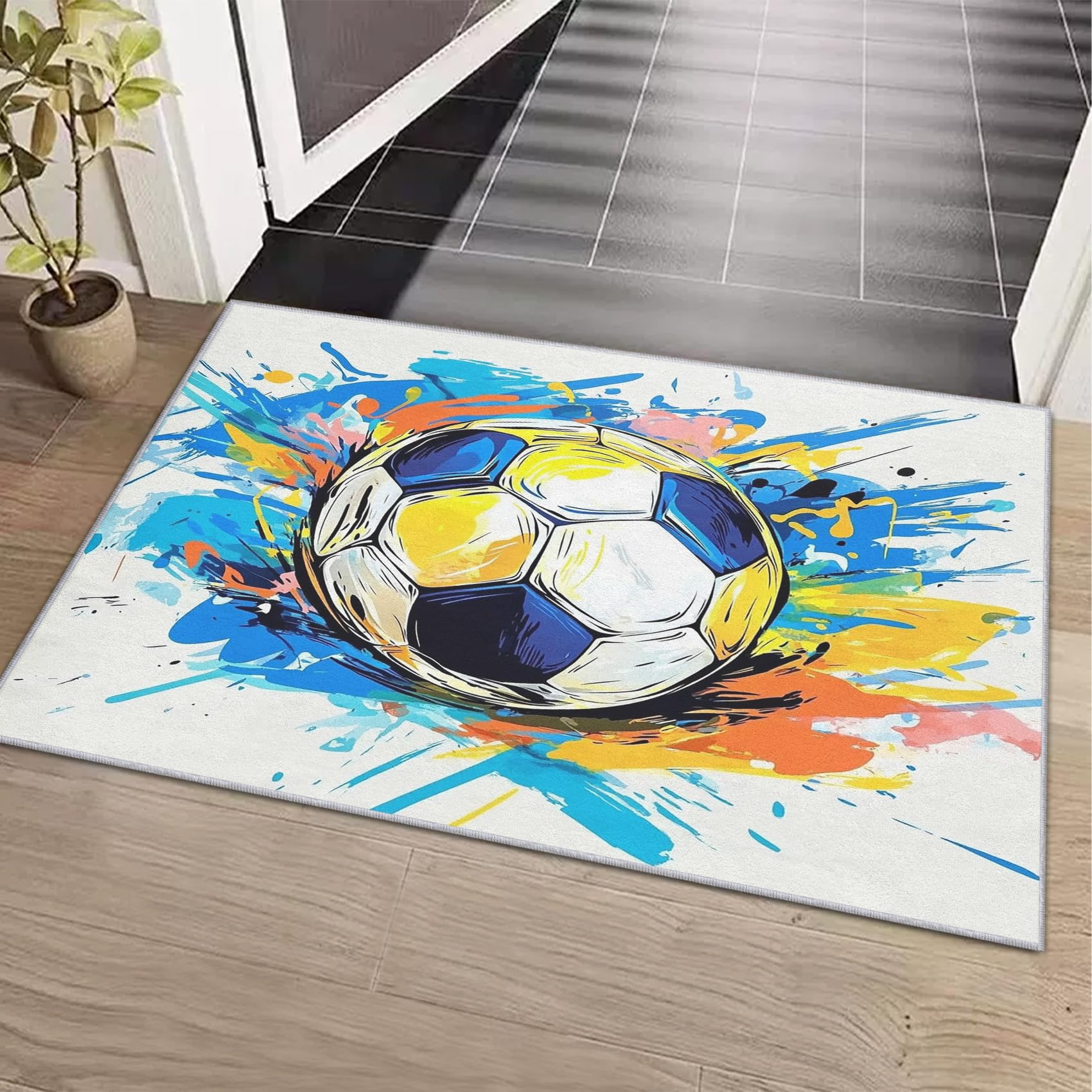 Générique Tapis Salon Football, Tapis Chambre Graffiti Coloré Foot, Doux Flanelle Poil Court 60x110 cm - Lavable Antidérapant Paillasson H-31