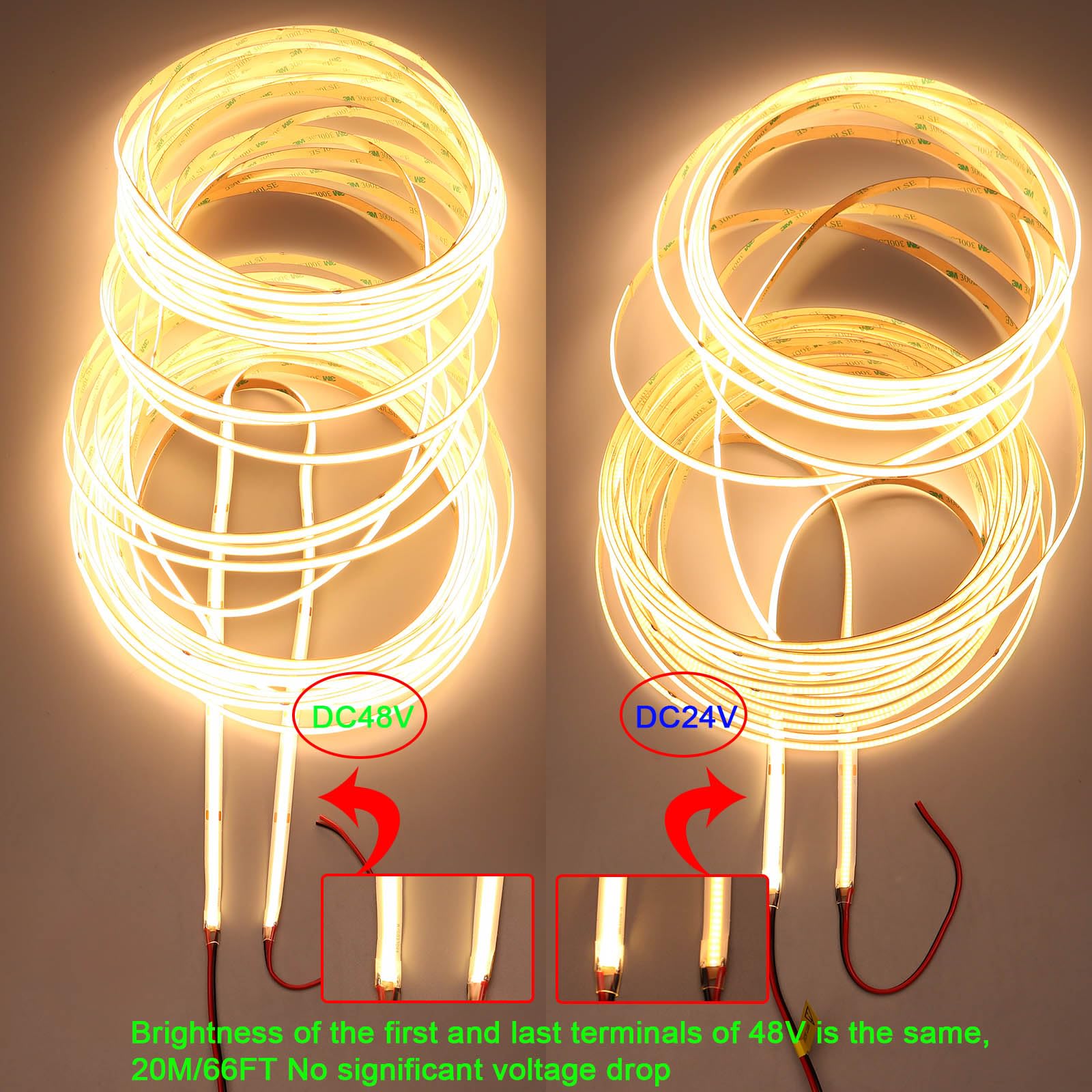 TOPAI Striscia LED COB 20 Metri Bianco Caldo, Strip LED 48V 3000K Alta Luminosità 15000Lm, CRI>93 480LED/M Potenza 160W, Flessibile Larghezza 8 mm Strisce LED Tagliabile Autoadesivo Per uso interno