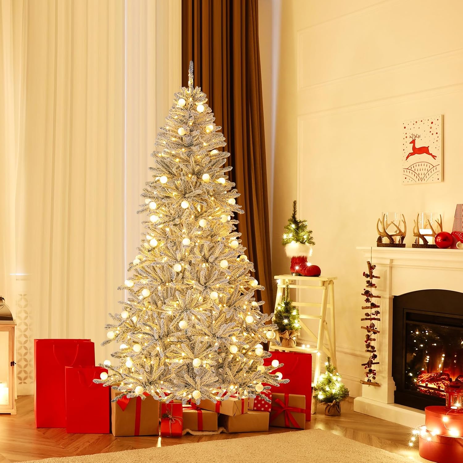 BECOMFORT 7 FT Flcoked Christmas Tree, Artificial Xmas Tree with 905 Branch Tips, 350 Warm White LED Lights & Globe Lights, 3 Lighting Modes, Remote Control & Timer, Prelit Christmas Tree for Home