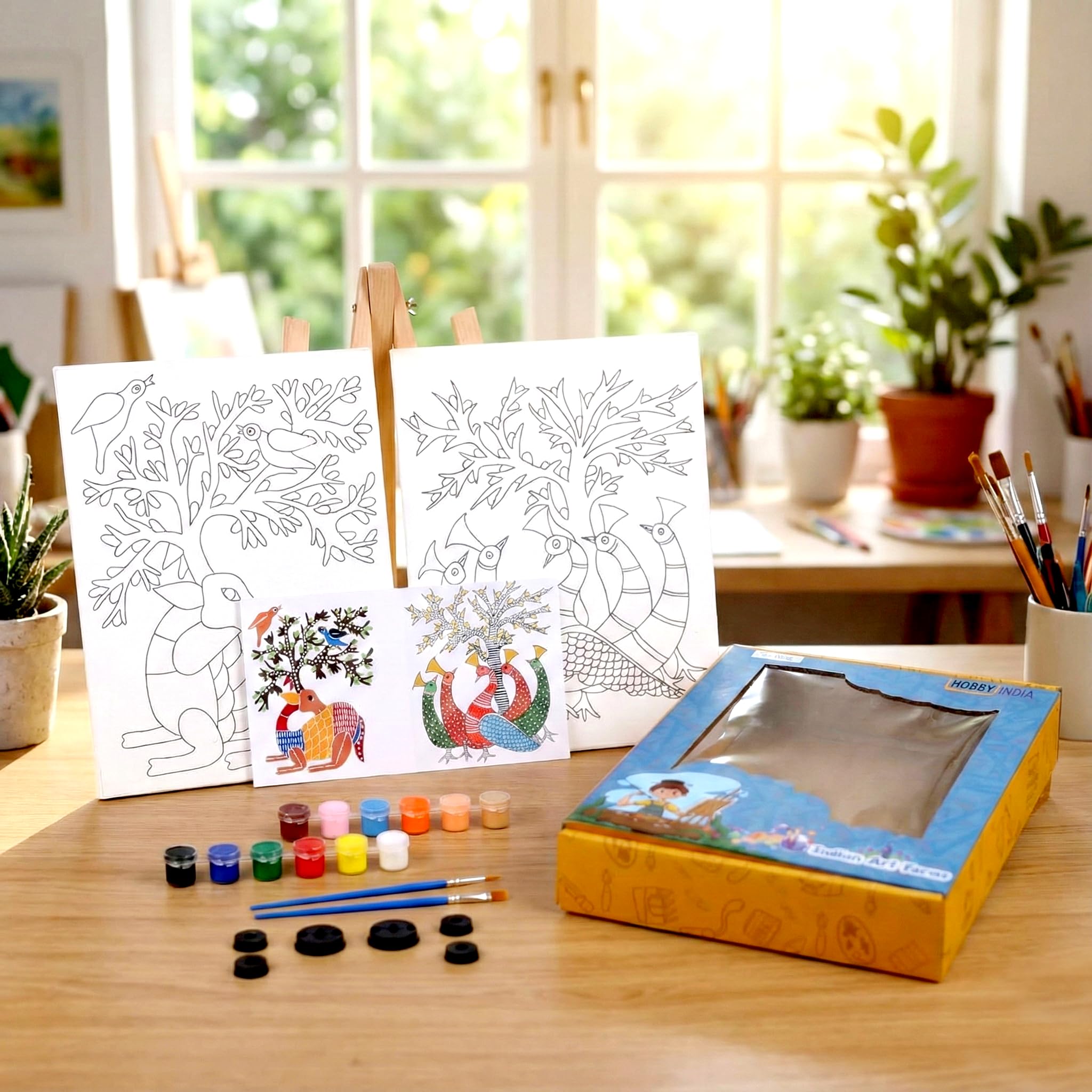 HOBBY INDIA Canvas Painting Set Kit for Kids & Adults | DIY Art & Craft for Girls & Boys | Home, Bedroom, Living Room, Office & Wall Décor | Birthday & Return Gift | Indian Art Form (Gond Art)