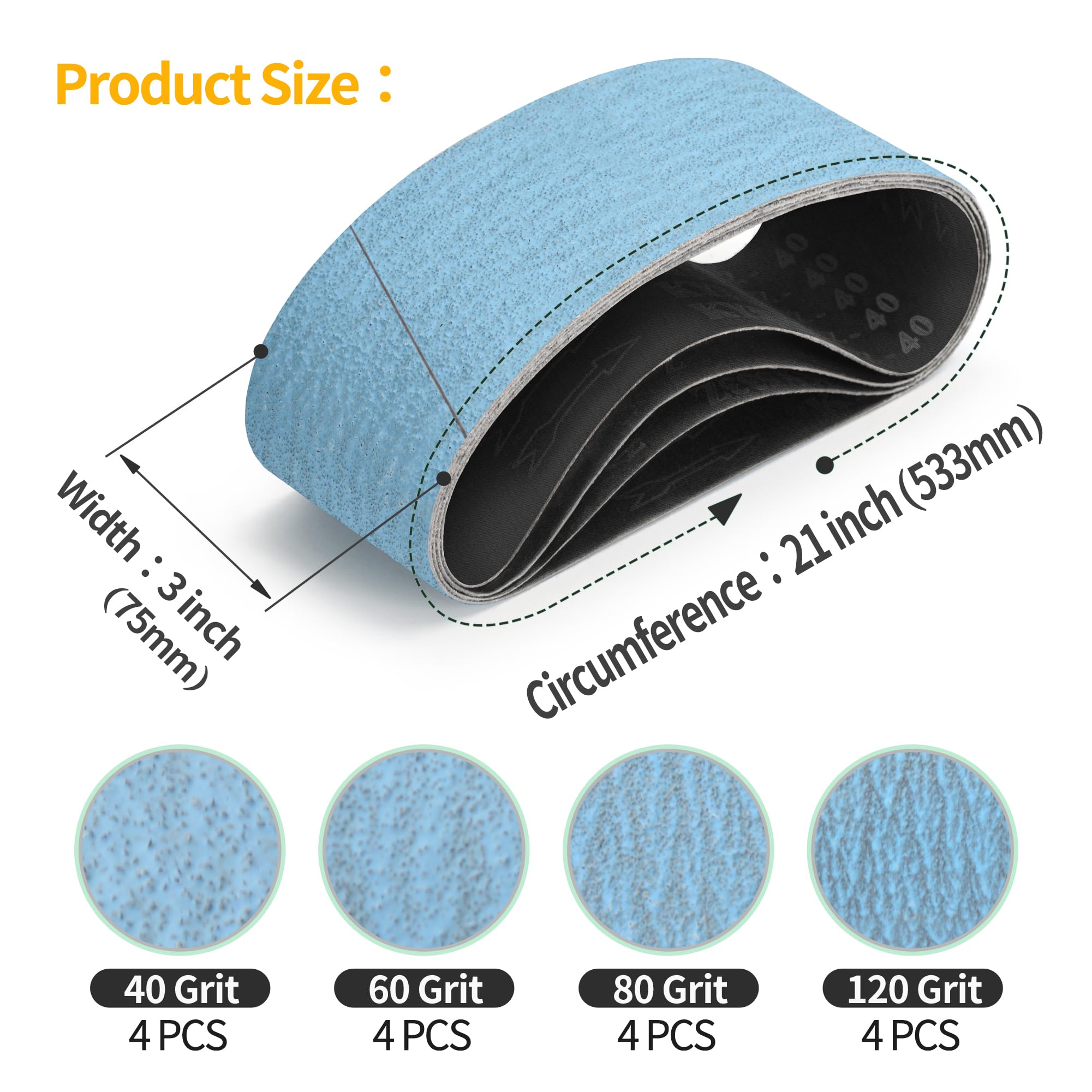 Lot de 16 bandes abrasives pour ponceuse à bande 75 x 533 mm en oxyde de zirconium 40/60/80/120 pour ponceuse à bande
