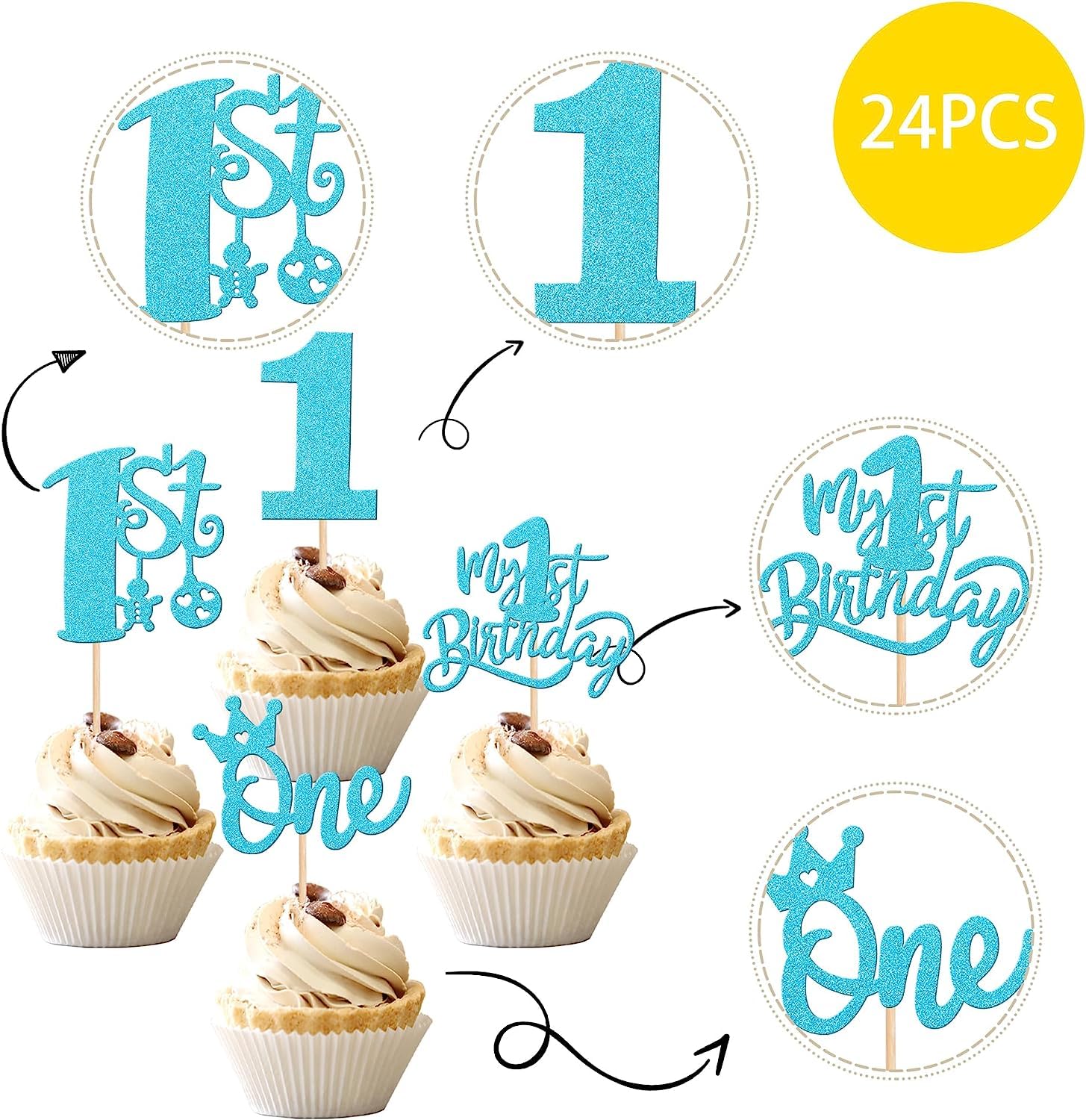 24 Stück Cupcake-Topper „1. Geburtstag“ – Glitzernde Cake-Picks Aus Karton, Silber, Für Baby- & Geburtstagspartys
