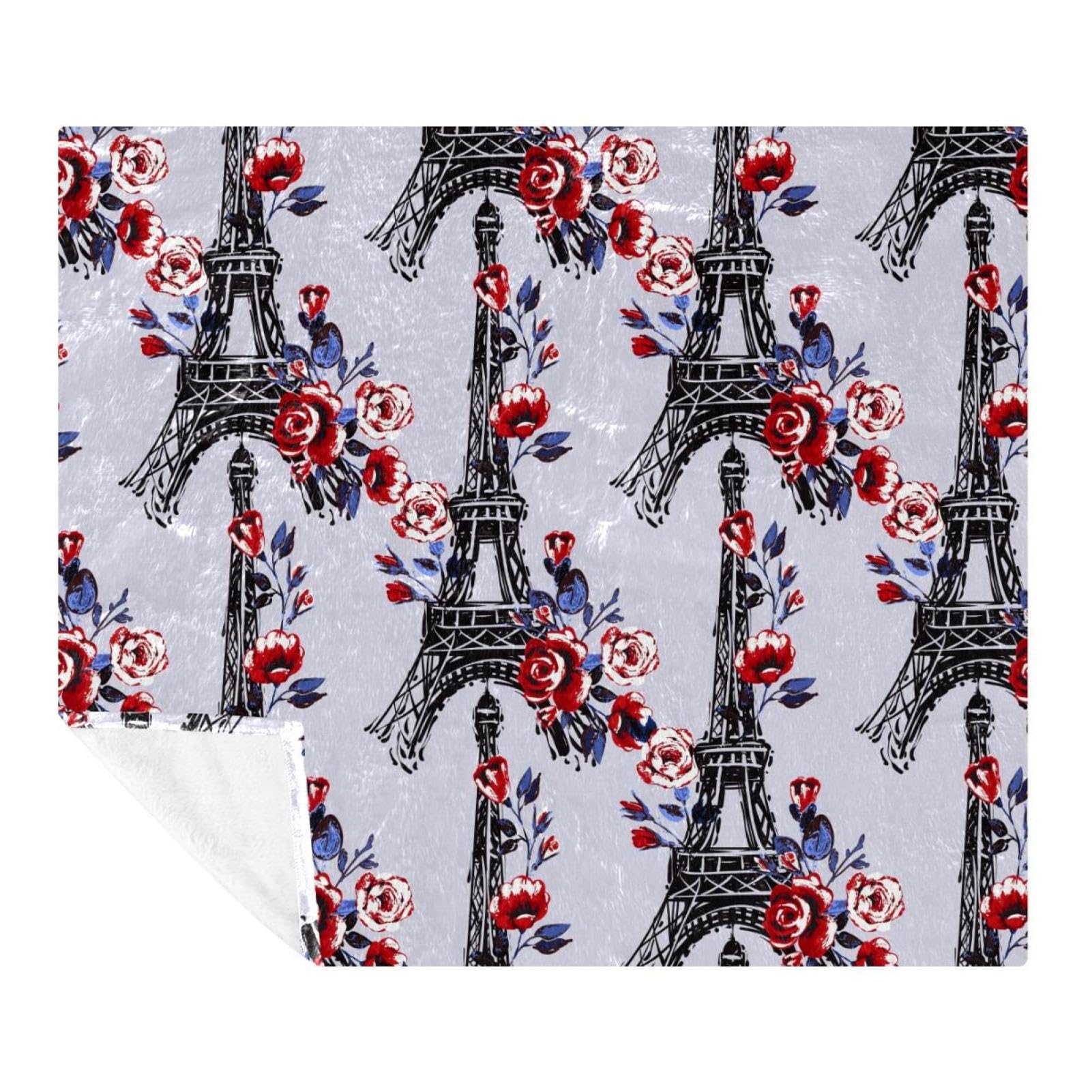 Couverture polaire Tour Eiffel et roses rouges en microfibre douce 150x200 cm
