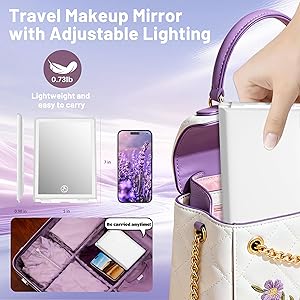 Haikopoon Travel Makeup Mirror with Lights, Rechargeable Portable Folding Compact Mirror, Lighted Makeup Mirror with 72 LEDs 3 Color Light Modes, Dimmable Touch Screen LED Vanity Mirror with Lights