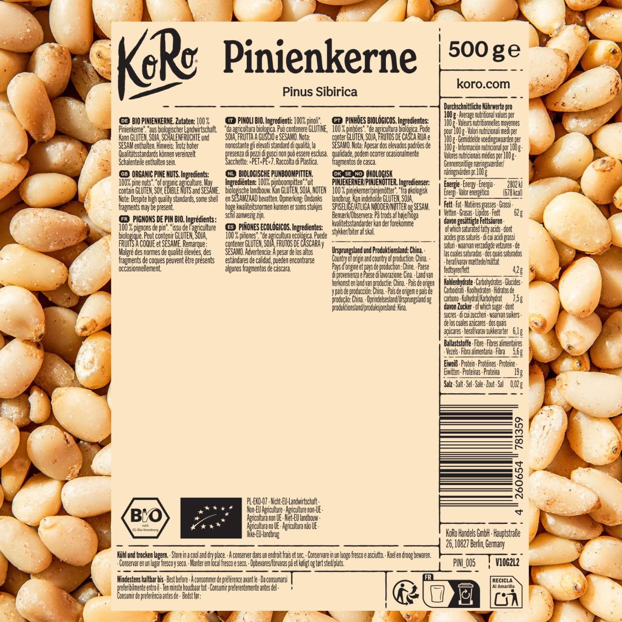 KoRo - Bio Pinienkerne 500 g - Cremig weiche Kerne ohne Konservierungsstoffe - Aus biologischem Anbau