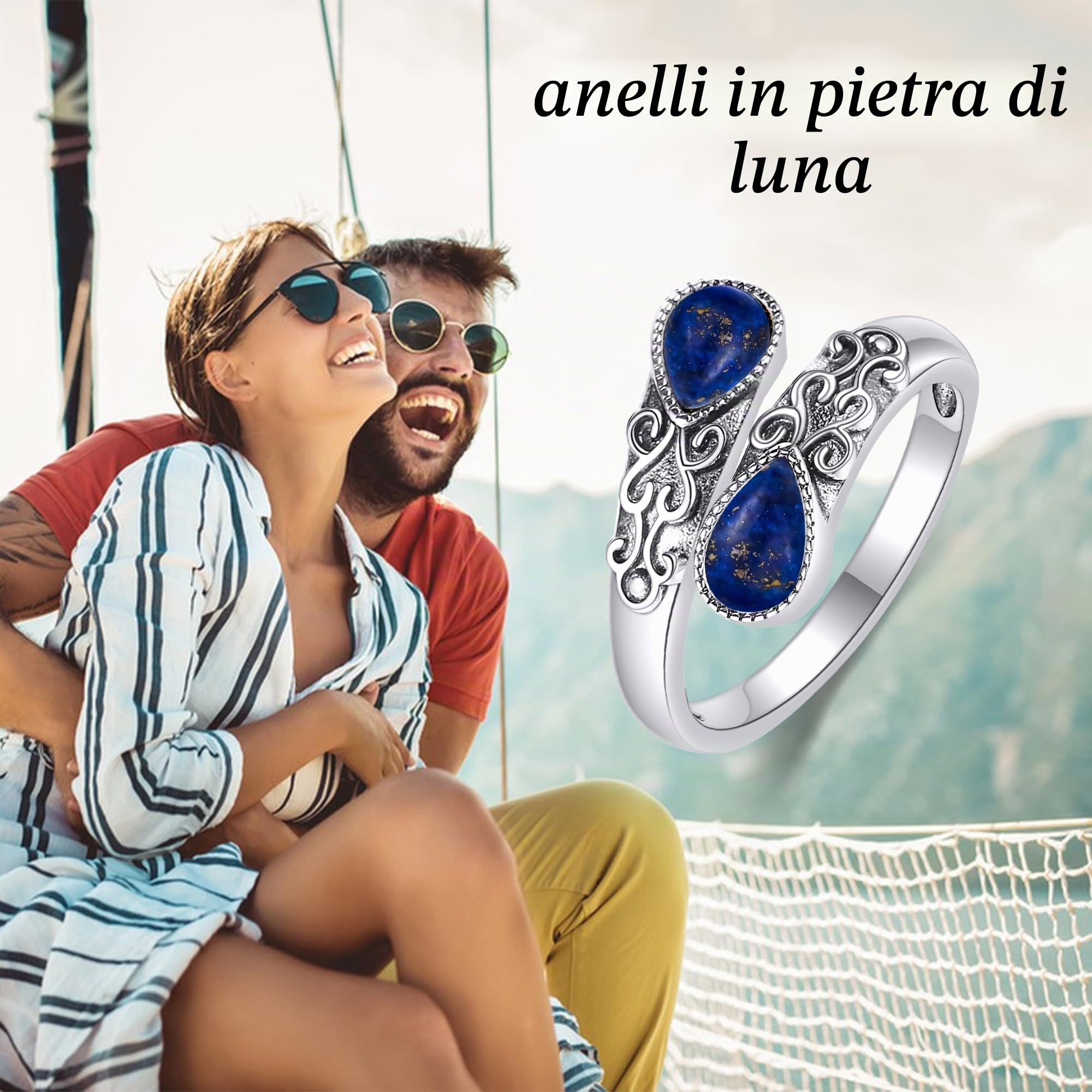 Anello da donna in argento sterling con pietra di luna, arcobaleno, regolabile, gioiello regalo per ragazze