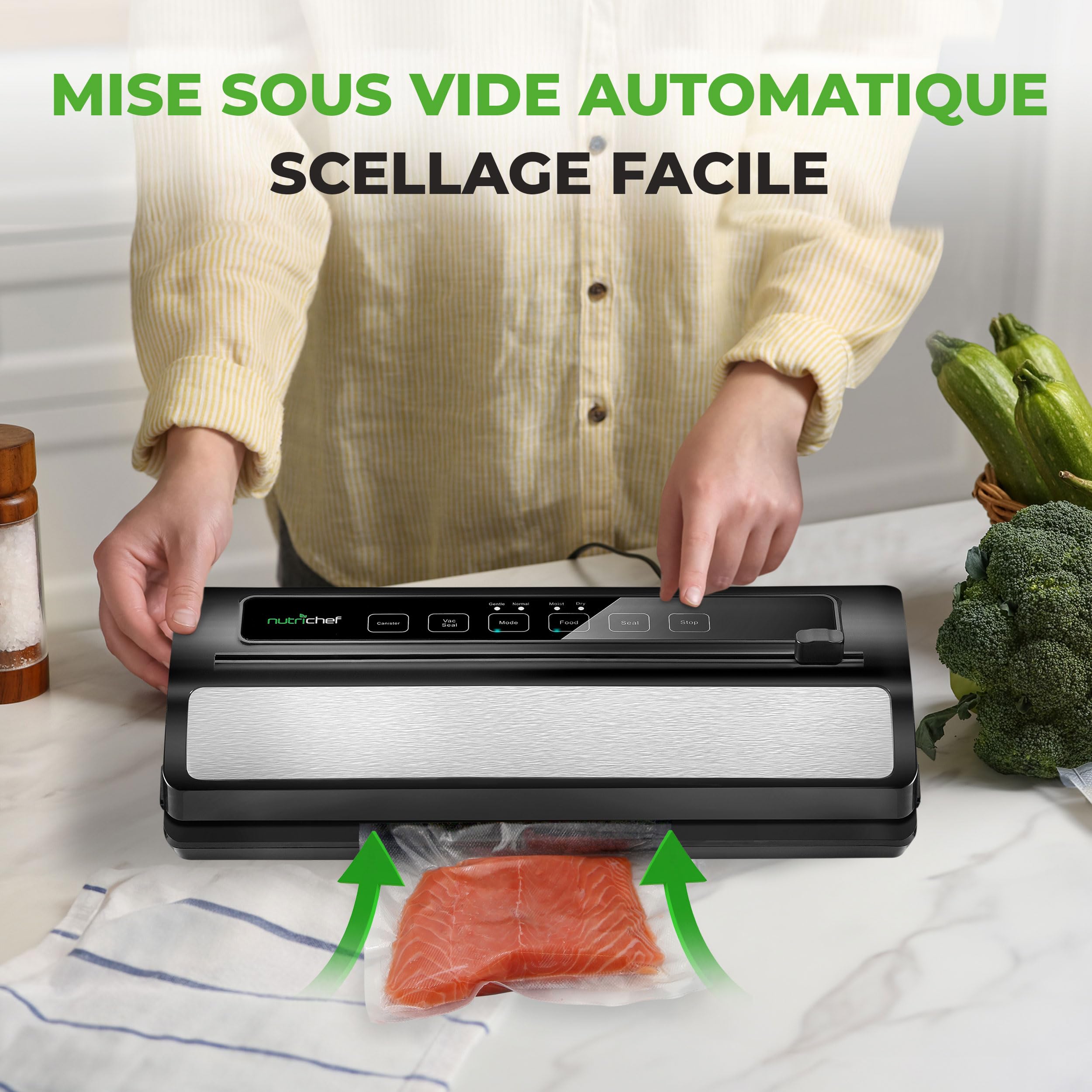 NutriChef Système Automatique de Scellage Sous Vide Alimentaire - Scelleur 110W en Acier Inoxydable pour Viande, Sous Vide avec 2 Modes de Scellage, Rouleaux et Tuyau Sous Vide - (Noir)